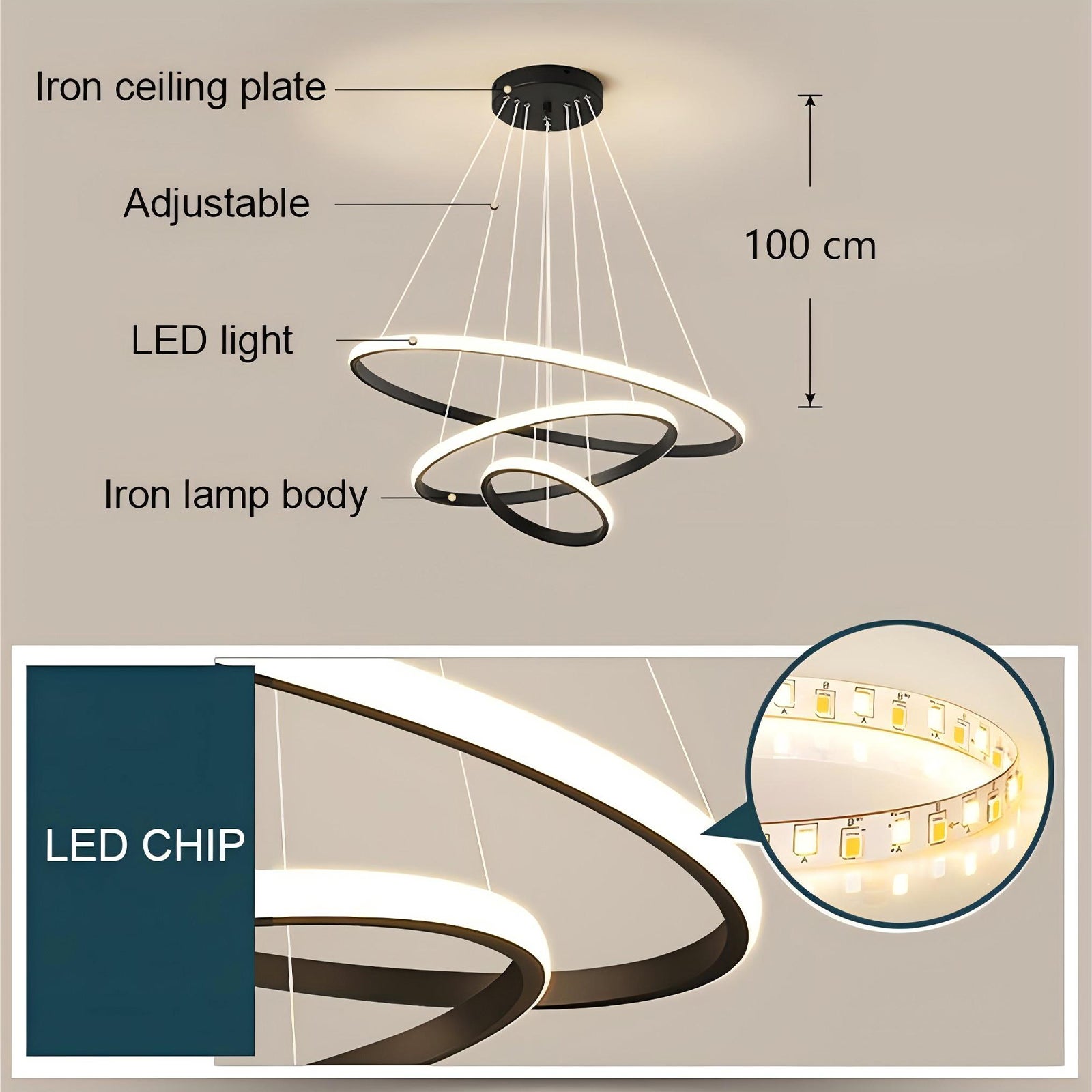 GOECO Suspension Luminaire dimmable - Lustre LED Moderne pour Salon Salle à Manger - Avec télécommande Hauteur Réglable - Noir - Ø.20+40+60cm - 2