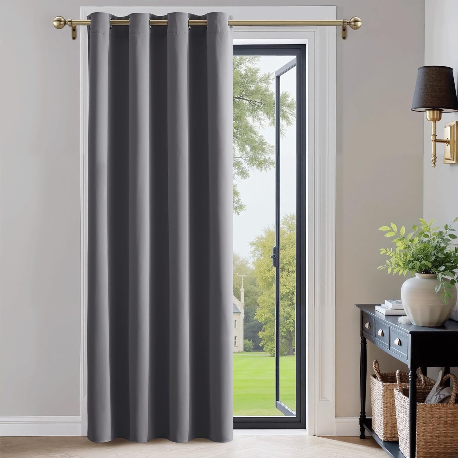 Cortină opacă termoizolantă gri cu ochiuri de prindere, 132 × 210 cm, rezistentă la căldură și frig pentru uși și ferestre
