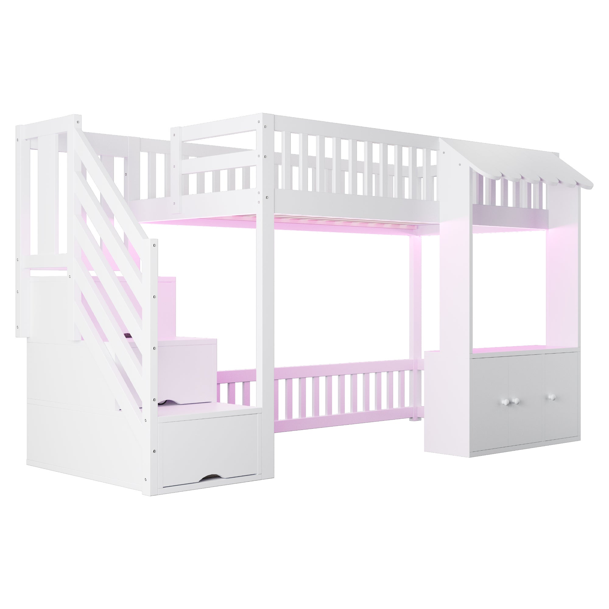 Lit mezzanine bois 90x200cm,avec Lumières LED,Conception des avant-toits,Lit mezzanine enfant avec casiers et escalier de sécurité,Blanc,Sans matelas - 9