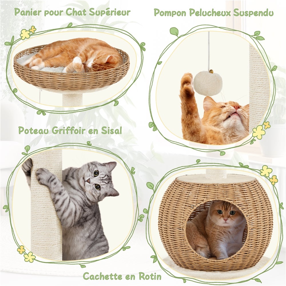 Arbre à Chat en Rotin Cachette Coussin Souple Panier Supérieur Griffoir en Sisal 75 cm Yaheetech - 2