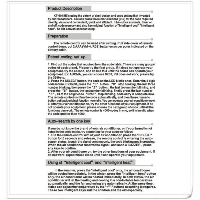 4000 CODE IN 1 UNIVERSELLE CLIMATISEUR TÉLÉCOMMANDE KT-9018E | Leroy Merlin