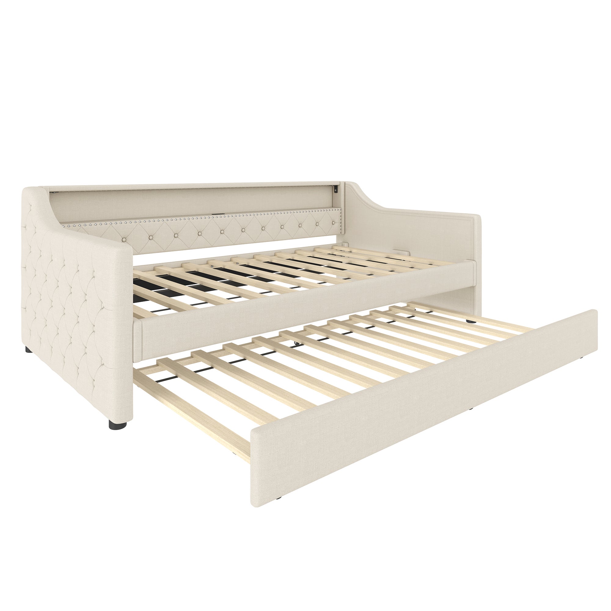 Sofa rozkładana 90 x 200 cm - z oświetleniem LED - z wysuwanym łóżkiem - z USB - pościel - z podstawą - kolor beżowy - 8