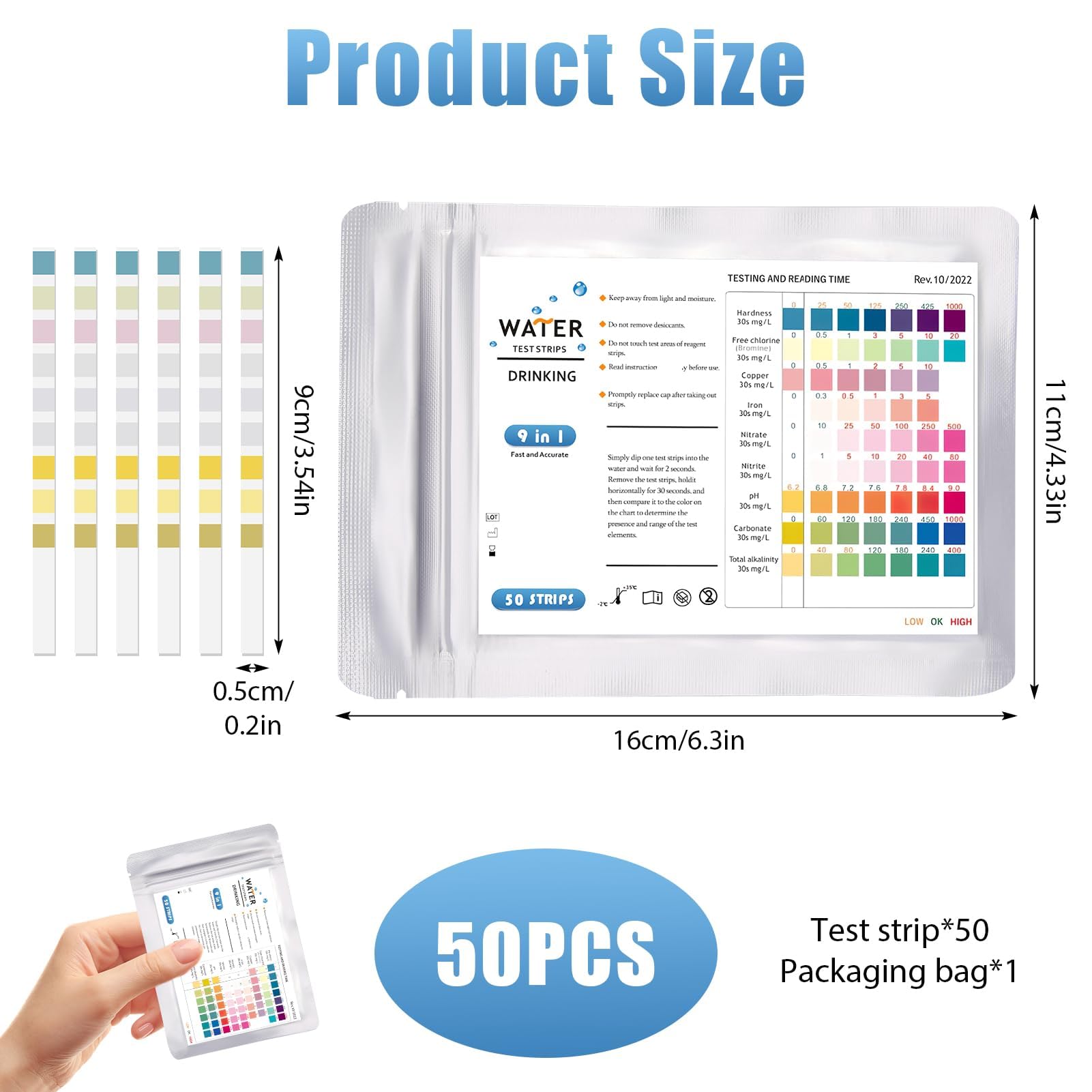 100 strisce reattive 9 in 1 per acqua, kit per test dell'acqua per acqua potabile -cloro libero, cloro totale, pH, durezza dell'acqua - 2