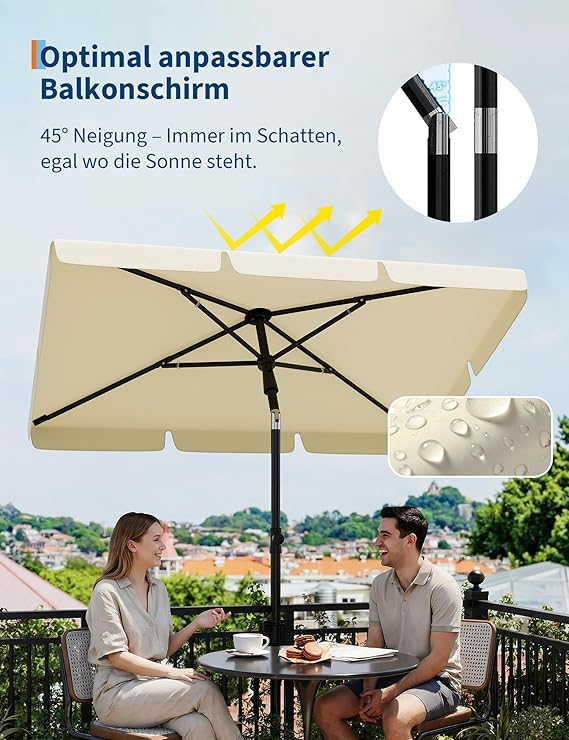 Parasol de Balcon Rectangulaire 200x125 cm, Anti-UV 50+, Inclinable et Réglable, avec Support Balustrade et Housse - 4