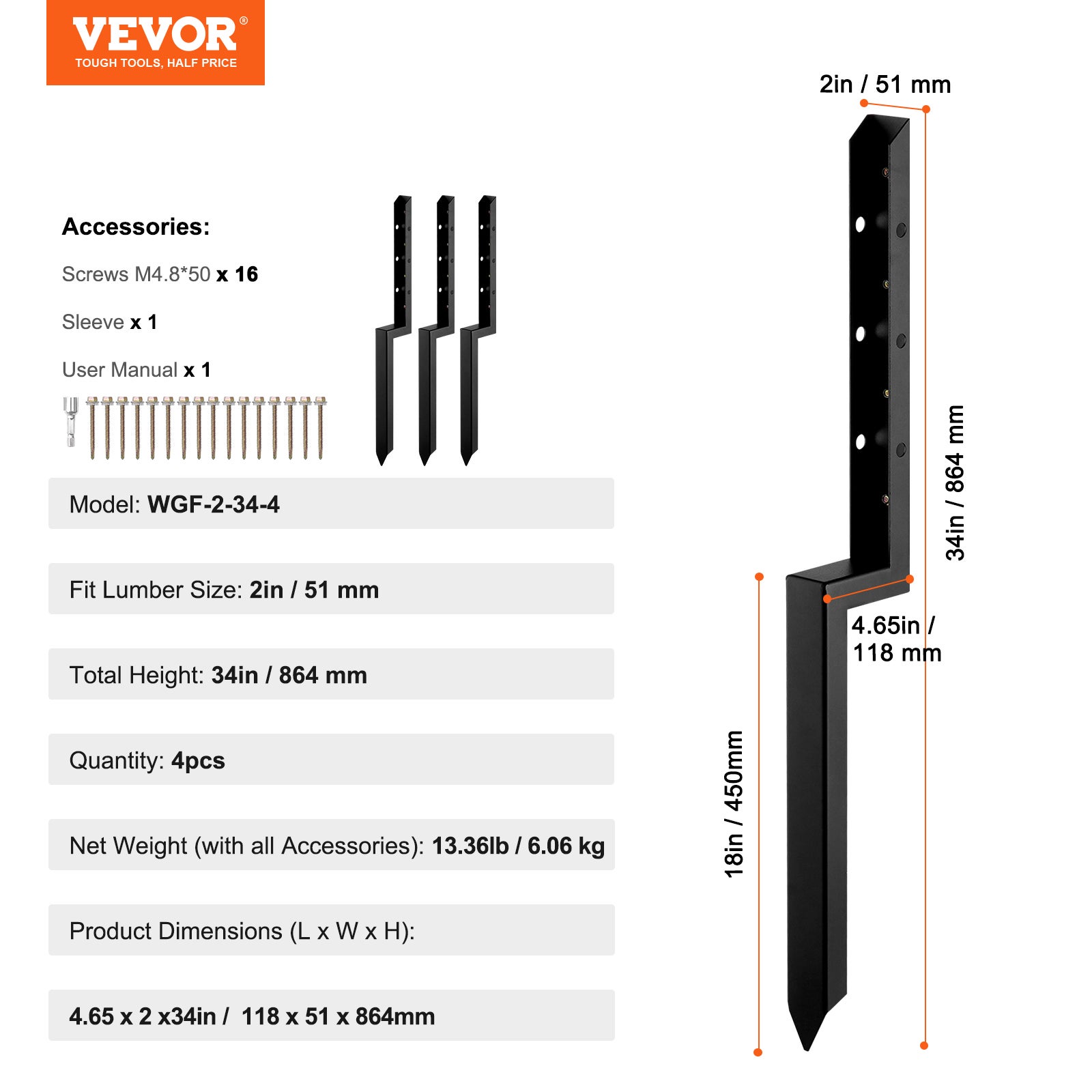 Kit de réparation de poteau de clôture,VEVOR 4 pcs,support de poteau en acier robuste,intérieur 51 x 51 mm,piquet d'ancrage au sol pour réparation - 7