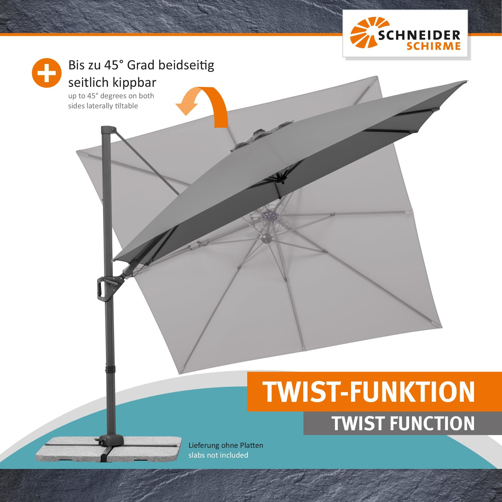 Parasol déporté Schneider Vivasol anthracite, 270 x 270 cm – rotatif 360°, inclinable, avec housse et support pour dalles - 4