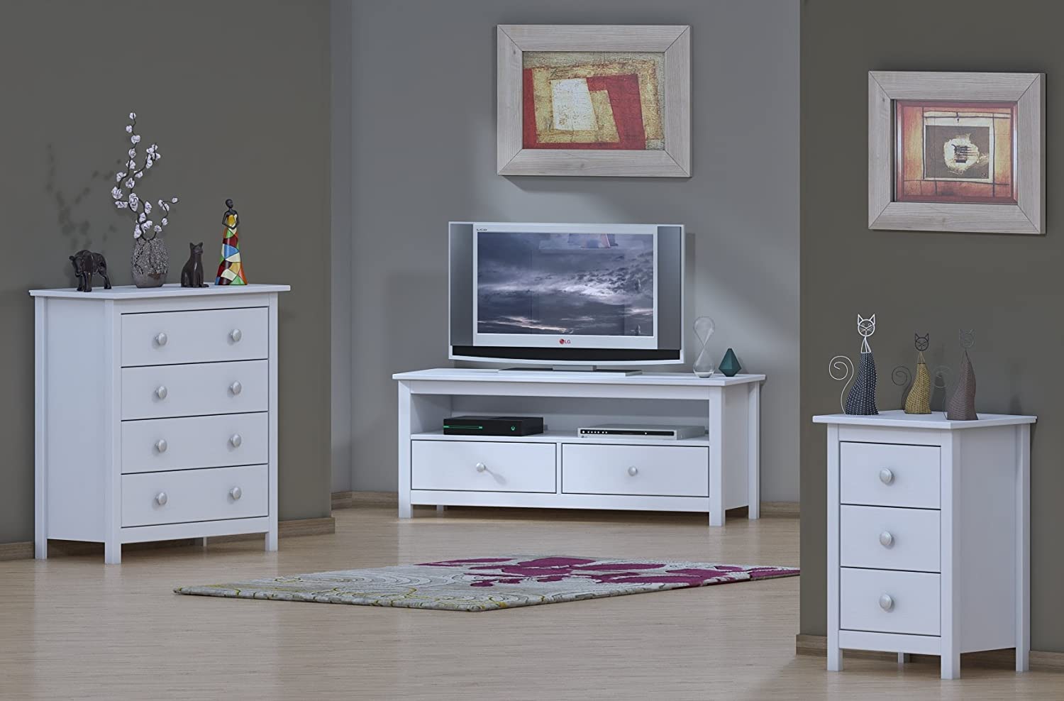 commode 4 tiroirs, pin massif , couleur blanc translucide, mesure 78,5x75x35 cm (hauteur-largeur-profondeur) - 2