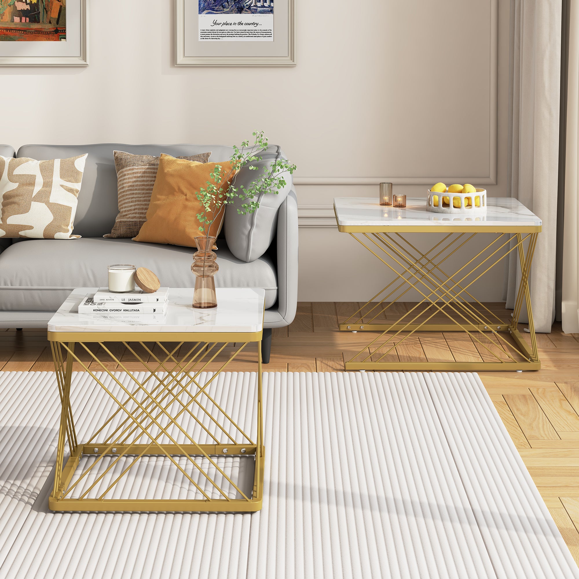 Zestaw 2 kwadratowych stolików kawowych - 60x60x45 + 45x45x40 cm - Efekt marmuru - Drewno MDF i metal - Biały + złoty - 5