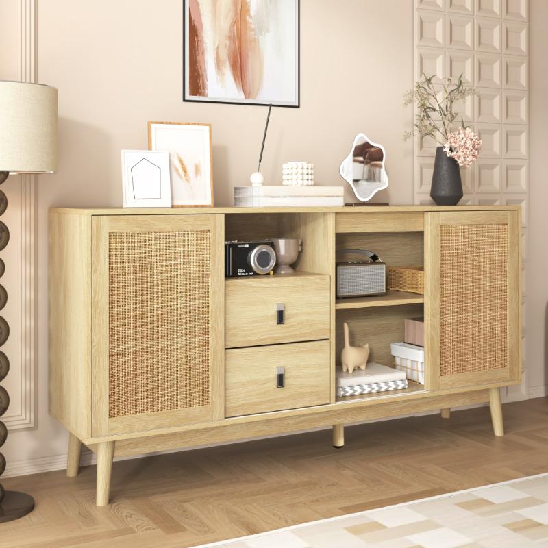 Sideboard 155x38x80 cm avec 3 Portes Coulissantes en Rattan Naturel et 2 Tiroirs, Design Respirant, Stable et Polyvalent - 2