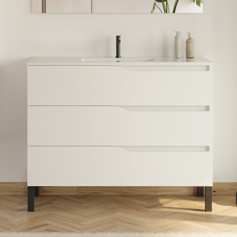 Meuble de salle de bain 100cm simple vasque - 3 tiroirs - blanc - MATA - 2