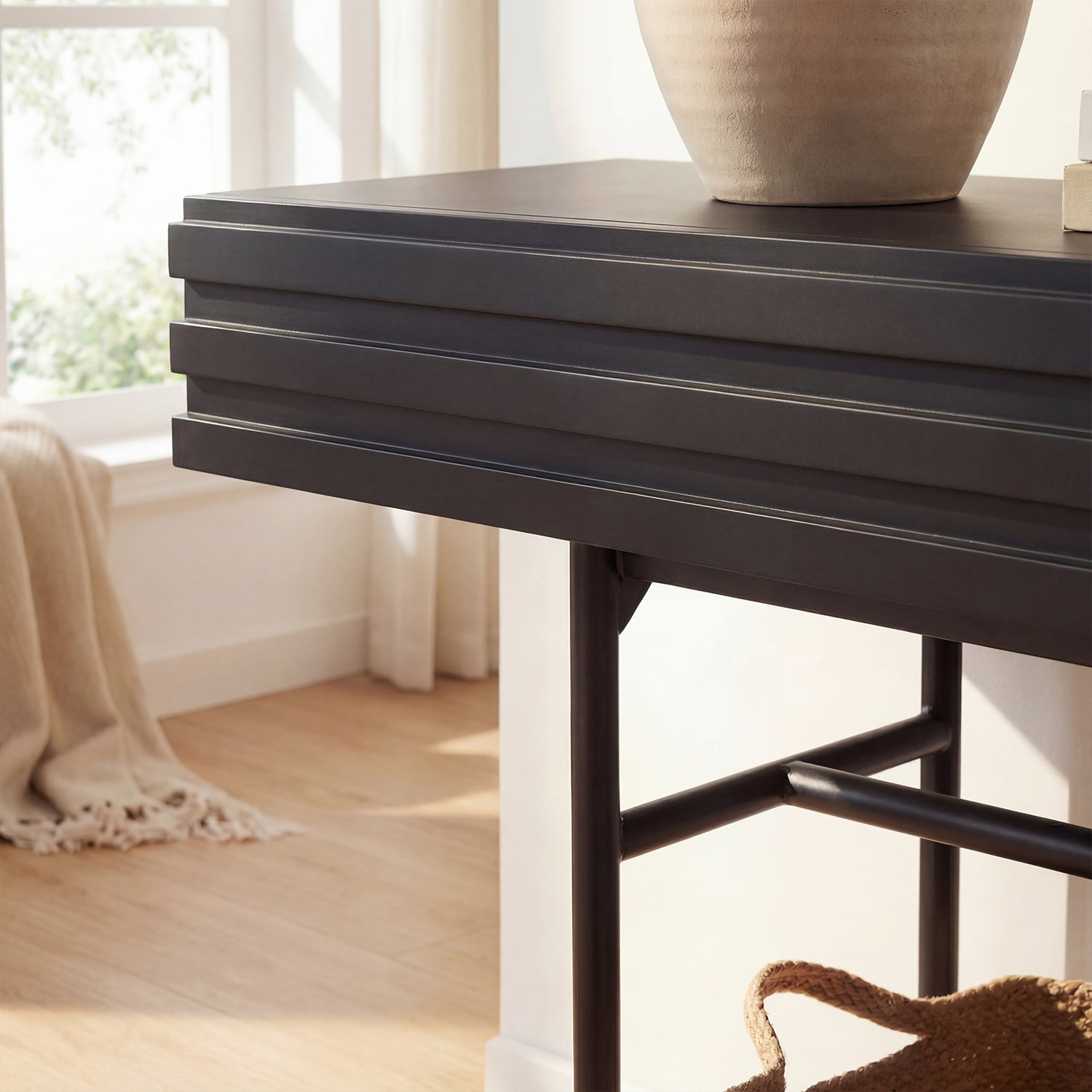 Table console Moderne avec 2 Tiroirs, Meuble d’entrée avec Pieds en Métal, 160x40.5x80.5, Noir - 5