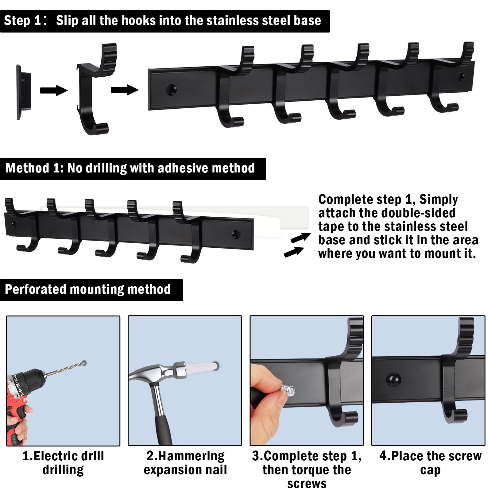 Paquet de 2 patères murales, patères pour porte murale, cintres robustes fixés au mur, porte-manteaux avec 5 crochets, noir - 5