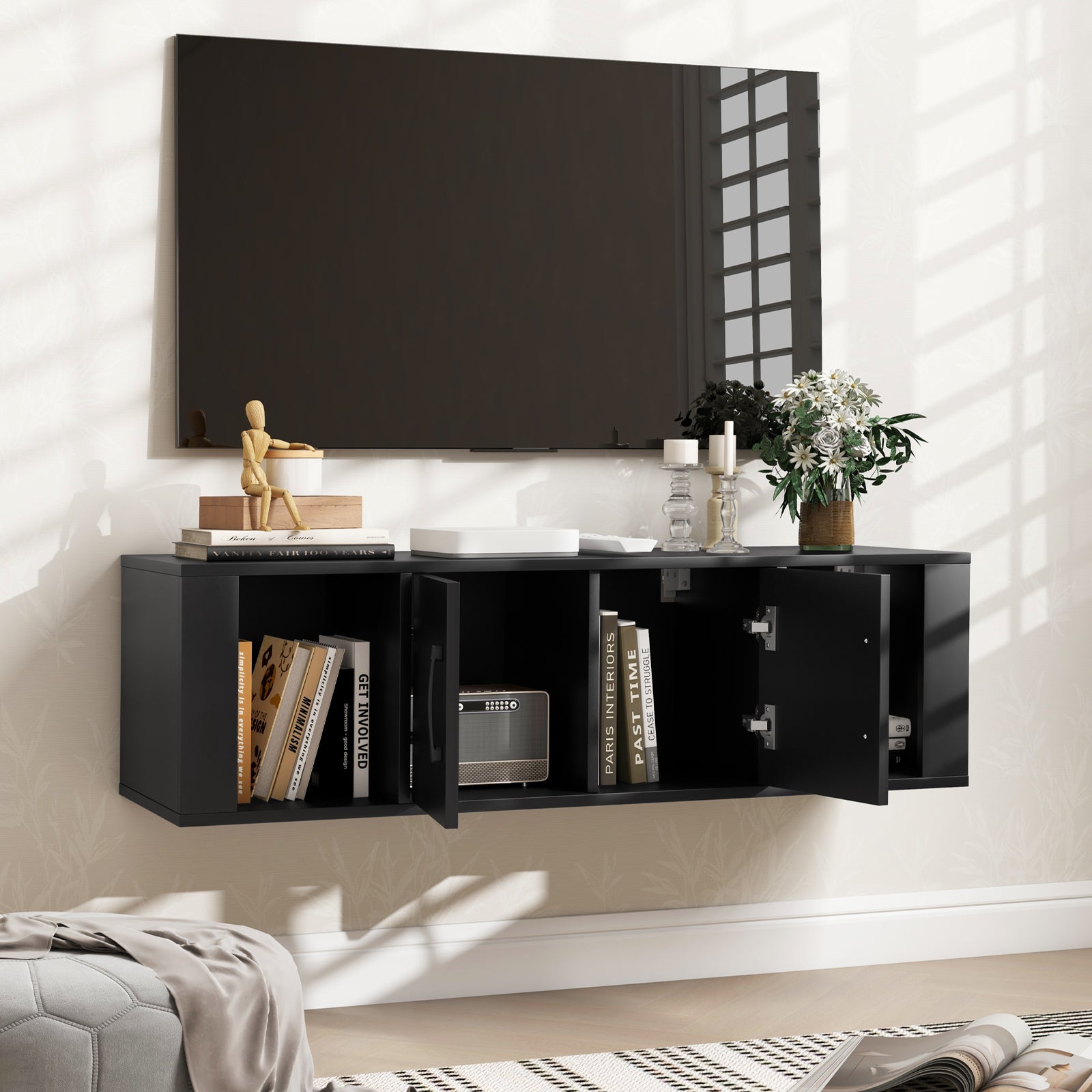 Armoire de Rangement Flottante à 2 Portes, Bureau Suspendu Mural avec 2 Cubes, Meuble de Console sous Télévision, pour Salon, Bureau, Cuisine, Noir - 7