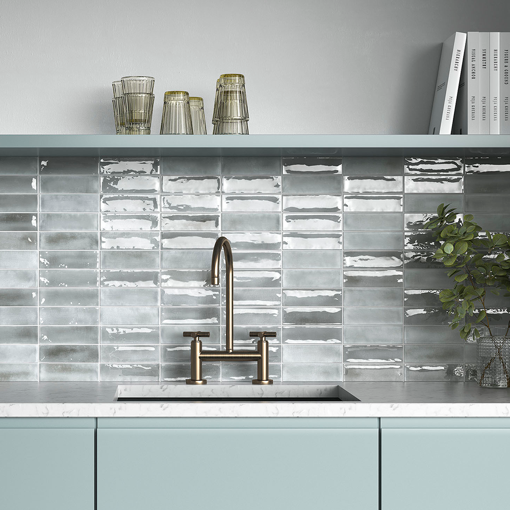 Płytka mini metro premium z gresu porcelanowego do wnętrz i na zewnątrz Beret Stalowy 5x15 cm Połysk