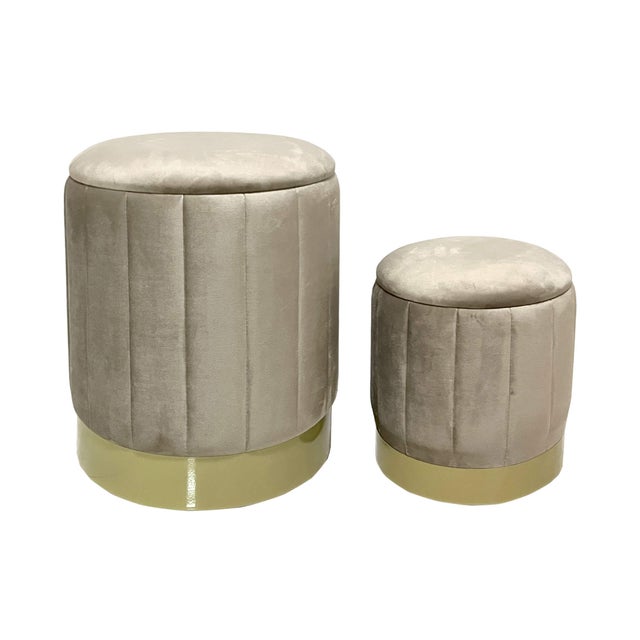 Pouf In Velluto Beige 39x39x30cm - Poggiapiedi Grande Con Struttura Legno, Portata 150kg - Foto 3