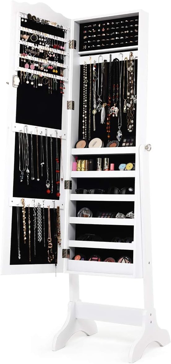 Armoire à Bijoux avec Miroir Réglable, Armoire à Bijoux sur Pieds, Organiseur de Bijoux Verrouillable, Armoire de Rangement avec Miroir, Blanc - 3