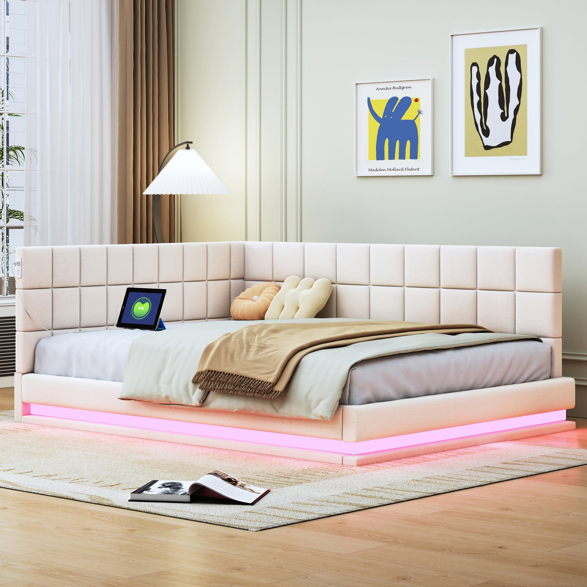 Cama Nido Tapizada Con Luz LED - 140x200 Cm, Lino Gris, Extraíble Para Invitados, USB Y Type-C