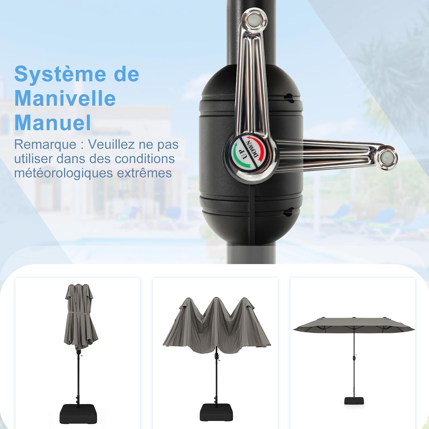 Parasol de Jardin Exterieur avec Pied, 4M Parasol Double Face avec Manivelle,pour 6 Personnes pour Marché, Piscine, Terrasse, Balcon (Gris) - 6