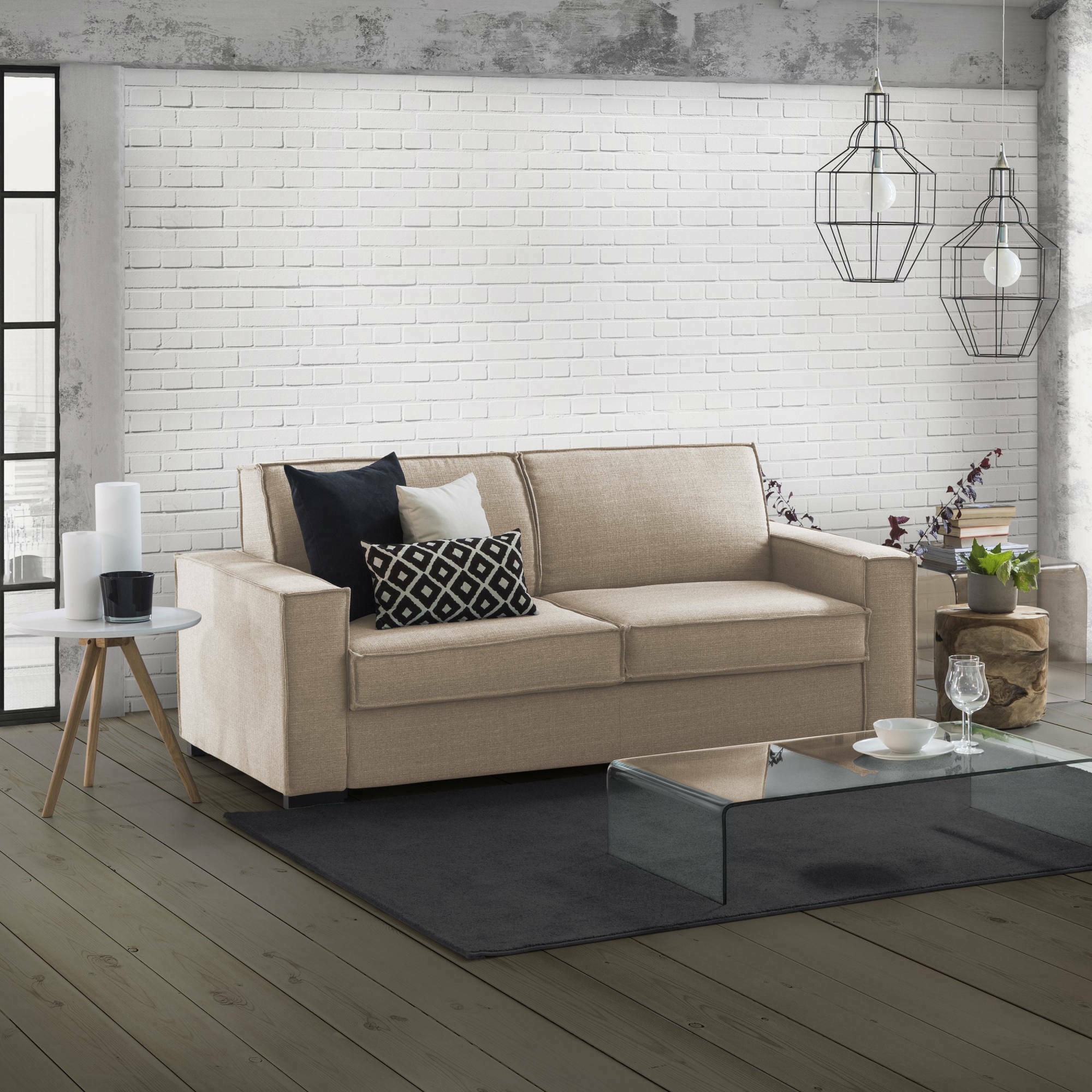 Sofá cama 2 plazas giuliana, sofá de salón con apertura giratoria, tejido acolchado, reposabrazos estándar, 100% made in italy, cm 180x95h90, beige