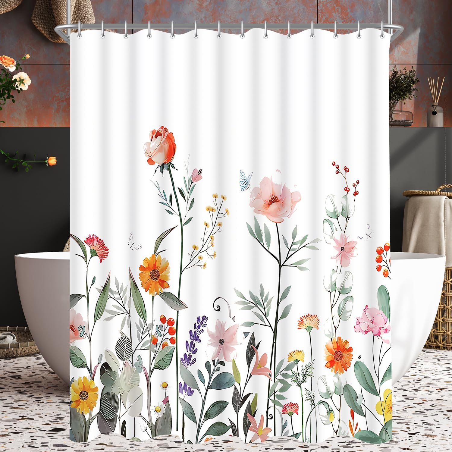 Zasłona prysznicowa 180 x 180 cm - Czerwony kwiatowy wzór - Materiał odporny na pleśń - Wodoodporny - Zmywalny - Poliester