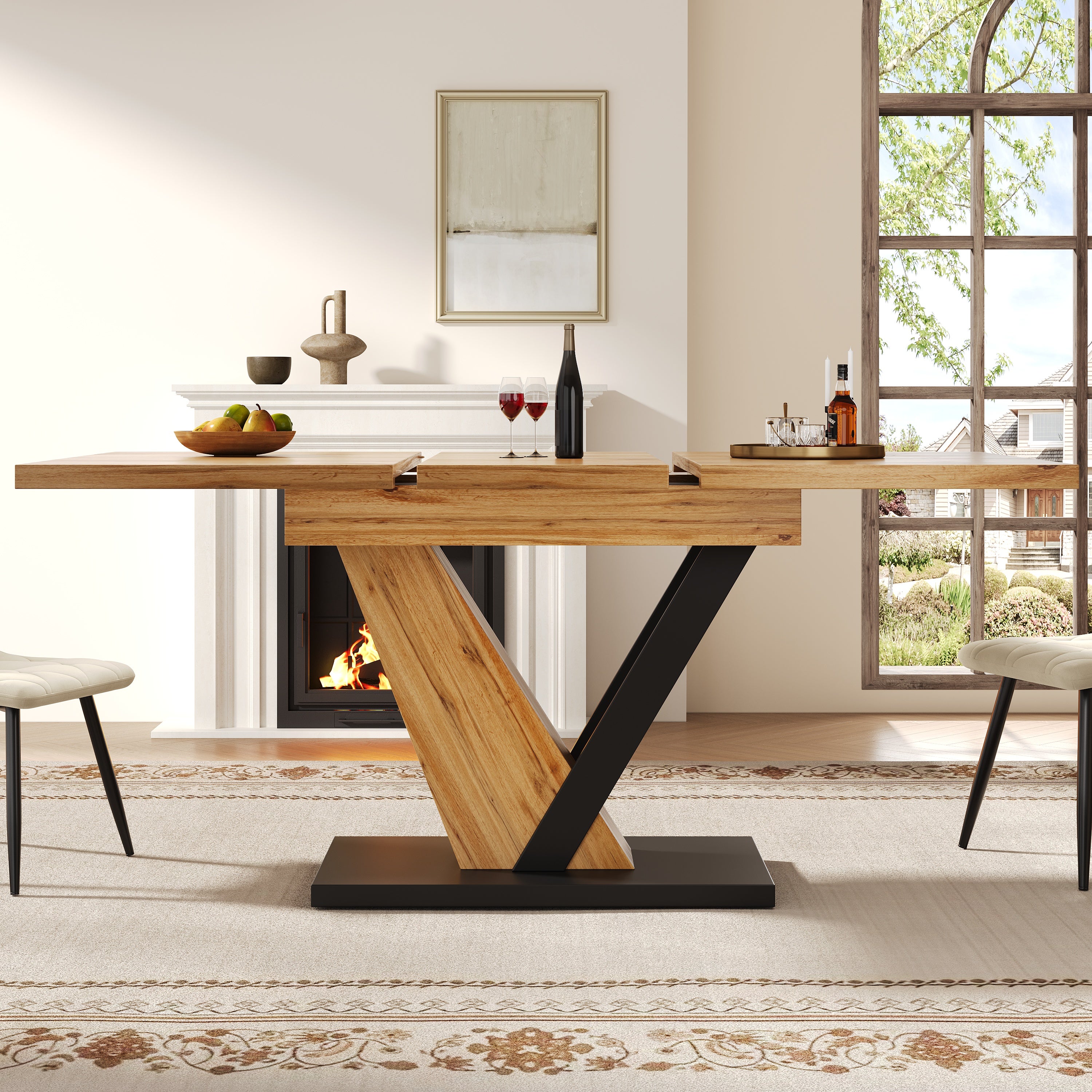 Table a Manger Extensible (120-160×75×75,5cm),design extérieur à grain de bois,Table de Cuisine 6/8 Personnes,Pour cuisines et salons,Naturelle+Noir - 7