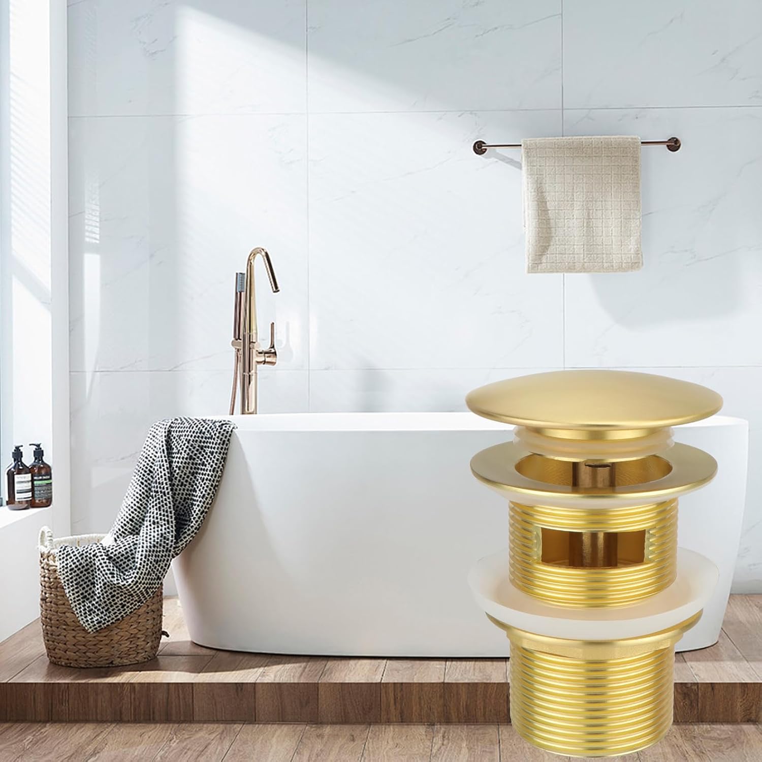 Bonde universelle pour lavabo et lavabo - Valve pop-up moderne Click Clack - Bonde d'écoulement avec trop-plein, laiton, acier inoxydable, doré - 7