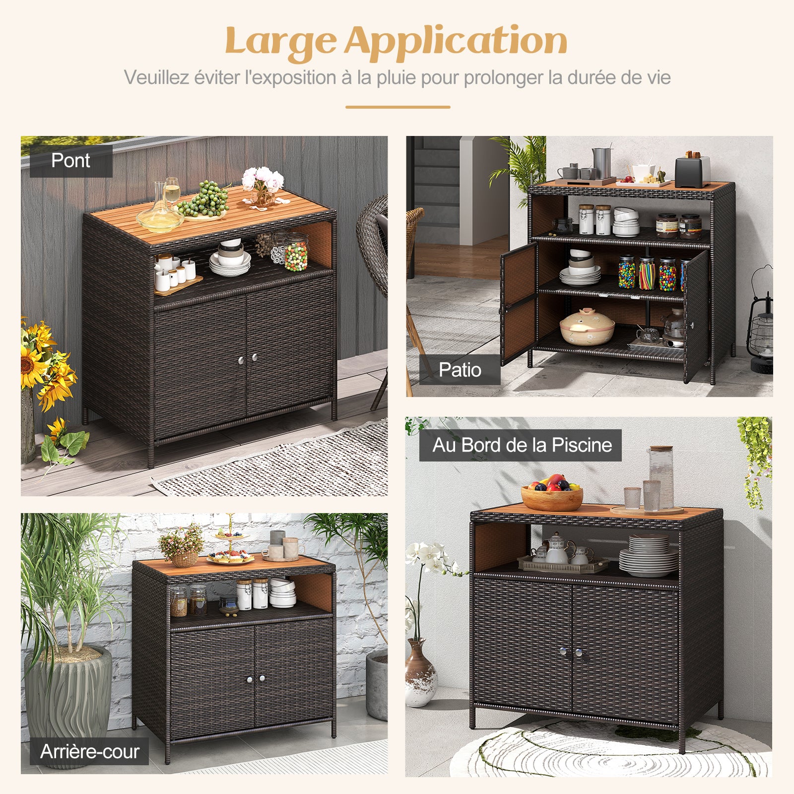 Armoire de Rangement Exterieur en Rotin, Armoire de Jardin avec Plateau en Bois d'Acacia Compartiment Ouvert Buffet à 2 Portes, Marron - 3