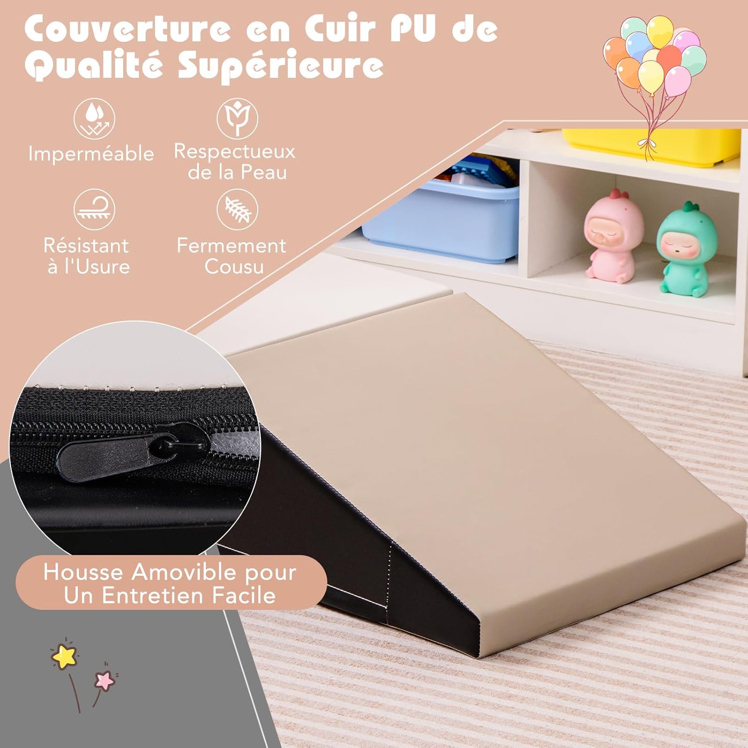 2PCS Parcours Motricité Bébé en Mousse avec Housse Amovible en PU, avec Marche & Toboggan, Jouets Éducatifs pour Ramper Grimper(Gris) - 7