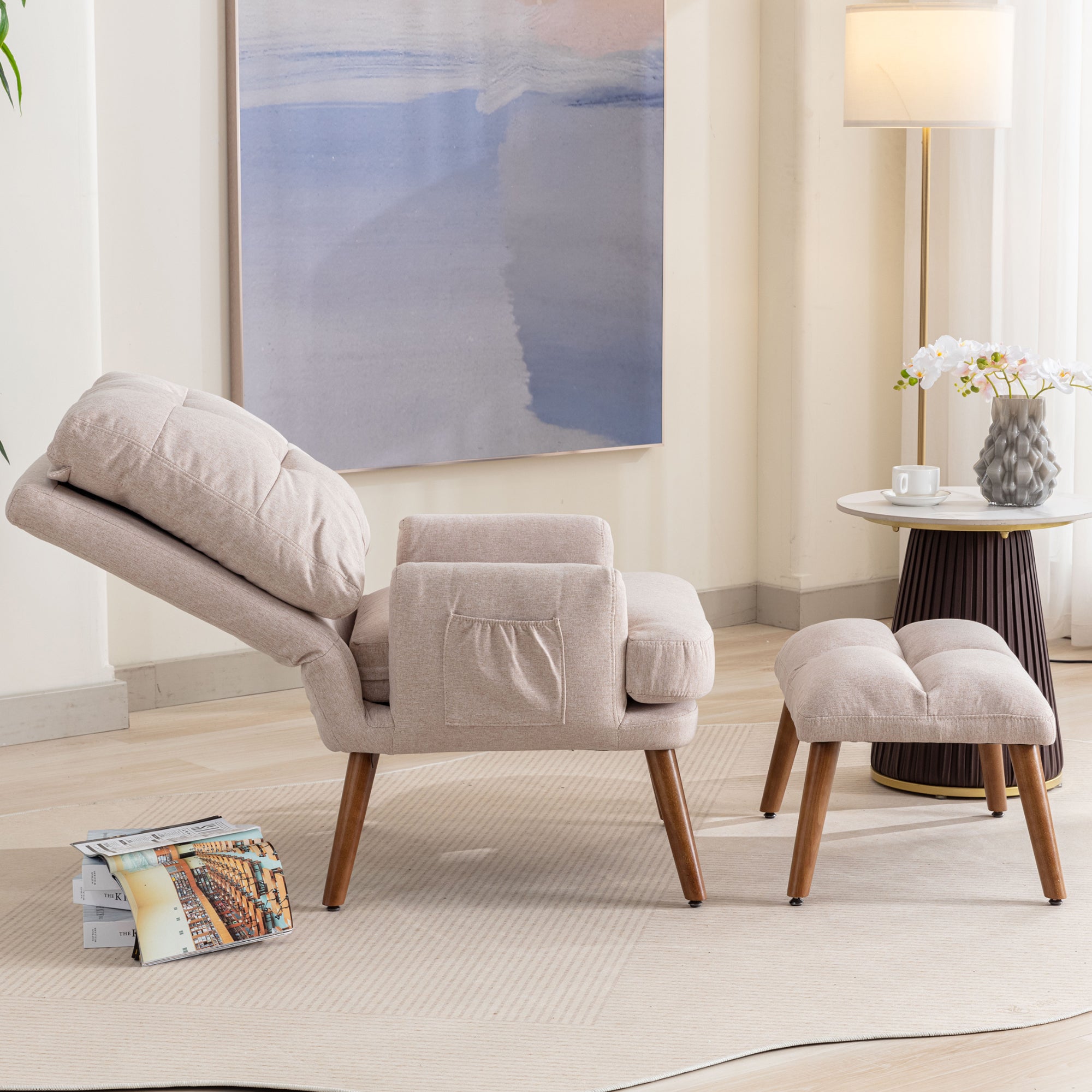 Fauteuil vonvertible avec repose-pieds et dossier réglable - Beige - 4