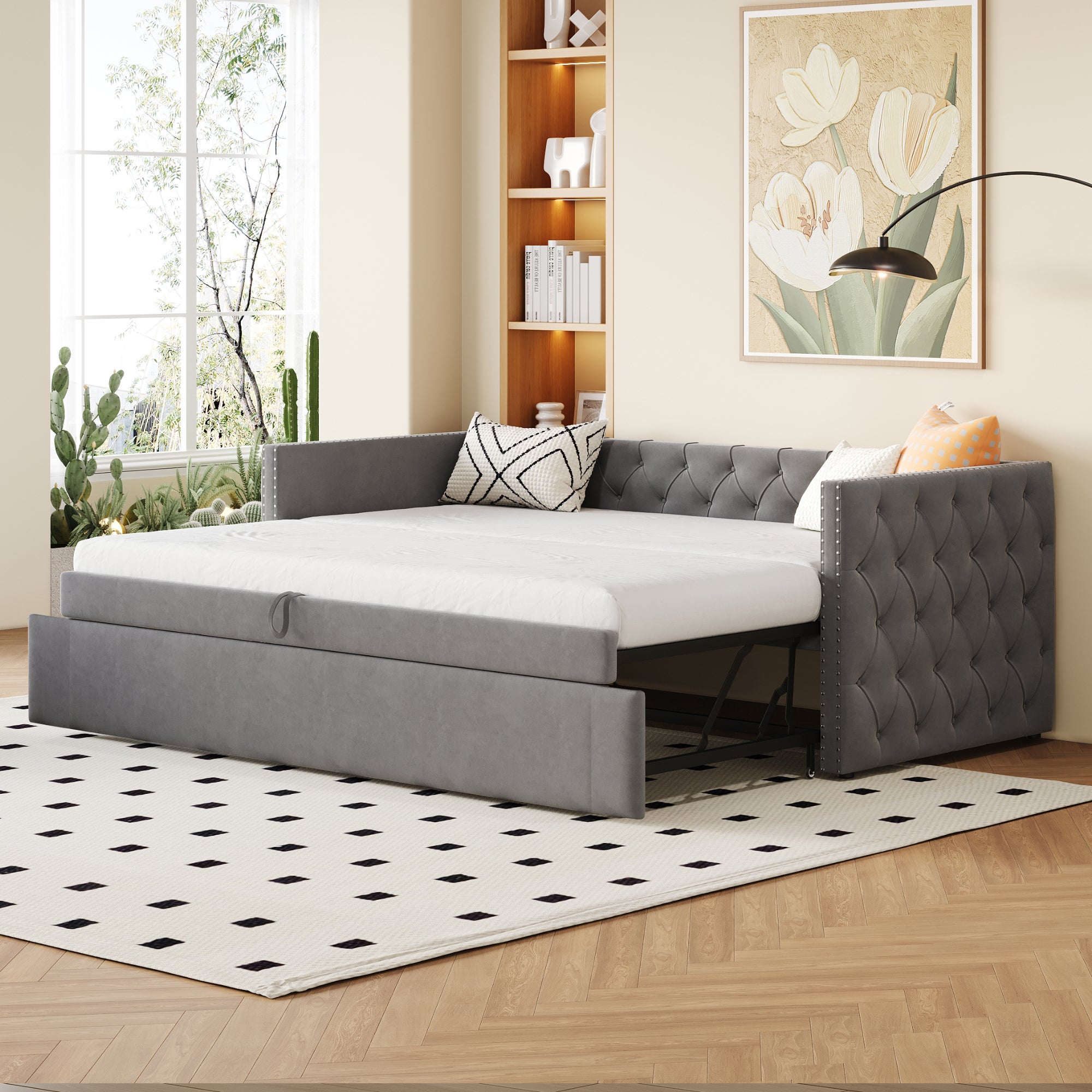 Łóżko wysuwane 90 x 200 cm z wezgłowiem i stelażem listwowym 90 x 190 cm, sofa rozkładana - Aksamit - Szary (bez materaca)