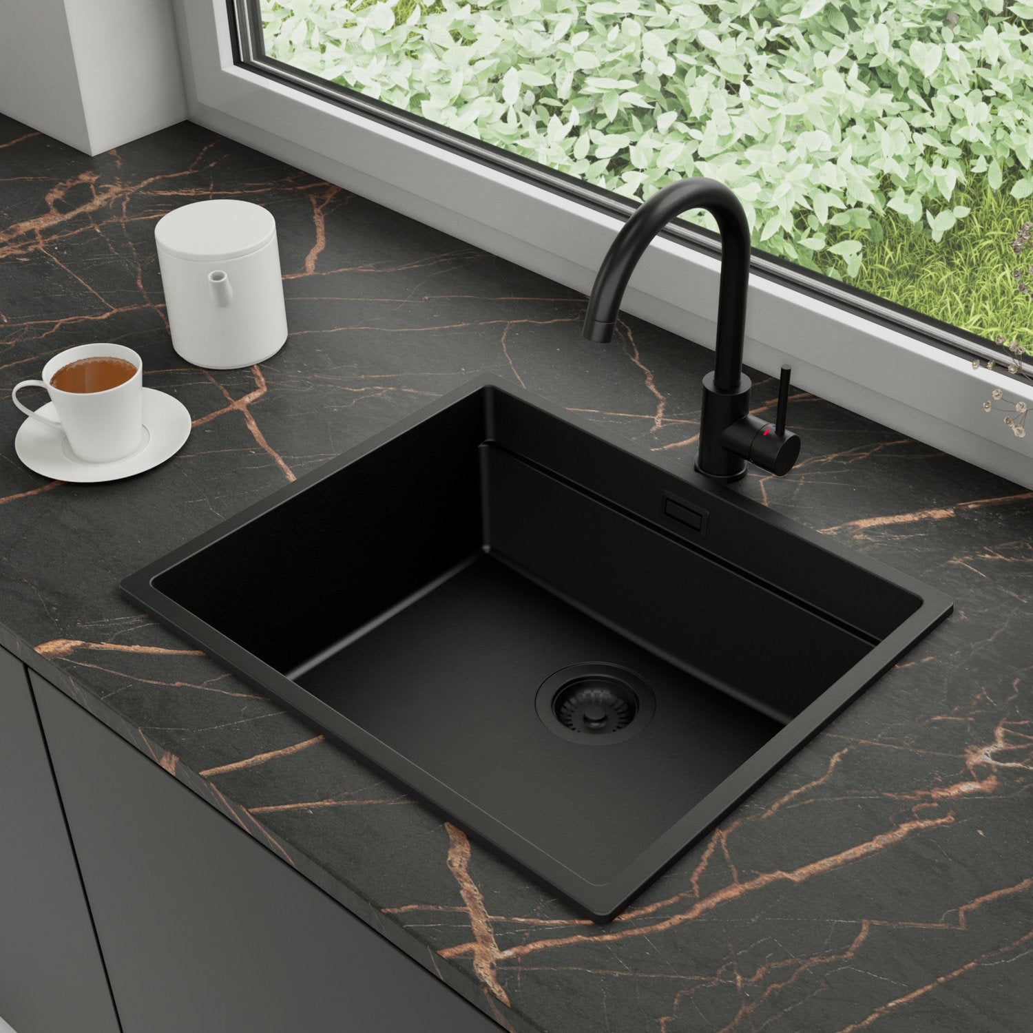 Zlewozmywak Granitowy 56x47cm, do szafki od 60cm + Bateria + Syfon - Coral Cały Czarny STONESTYLE