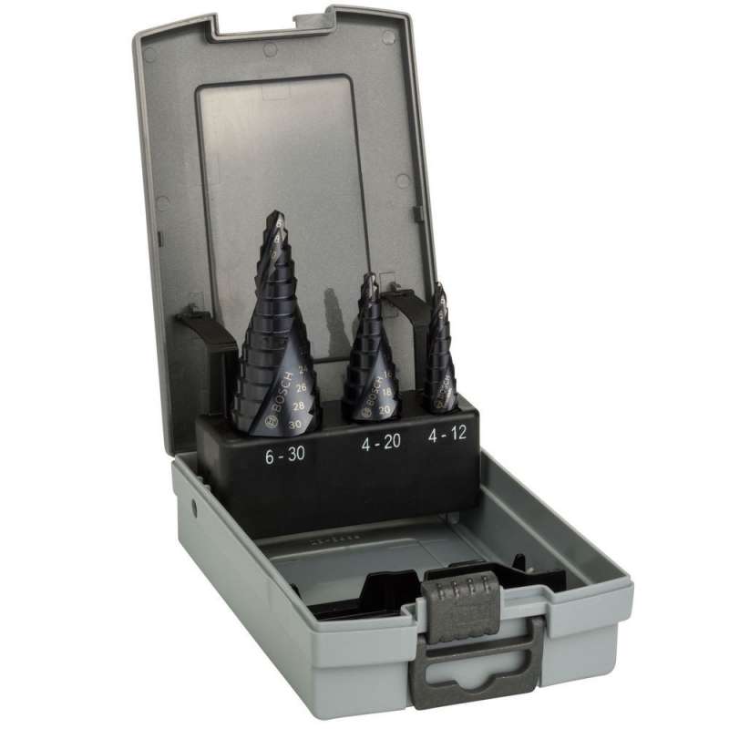 Zestaw wierteł stopniowych HSS firmy Bosch, 3 sztuki, 4-12 mm, 4-20 mm, 6-30 mm, TiAIN 2608588069, trzpień 3-płaski, 1 szt. (2608588069)