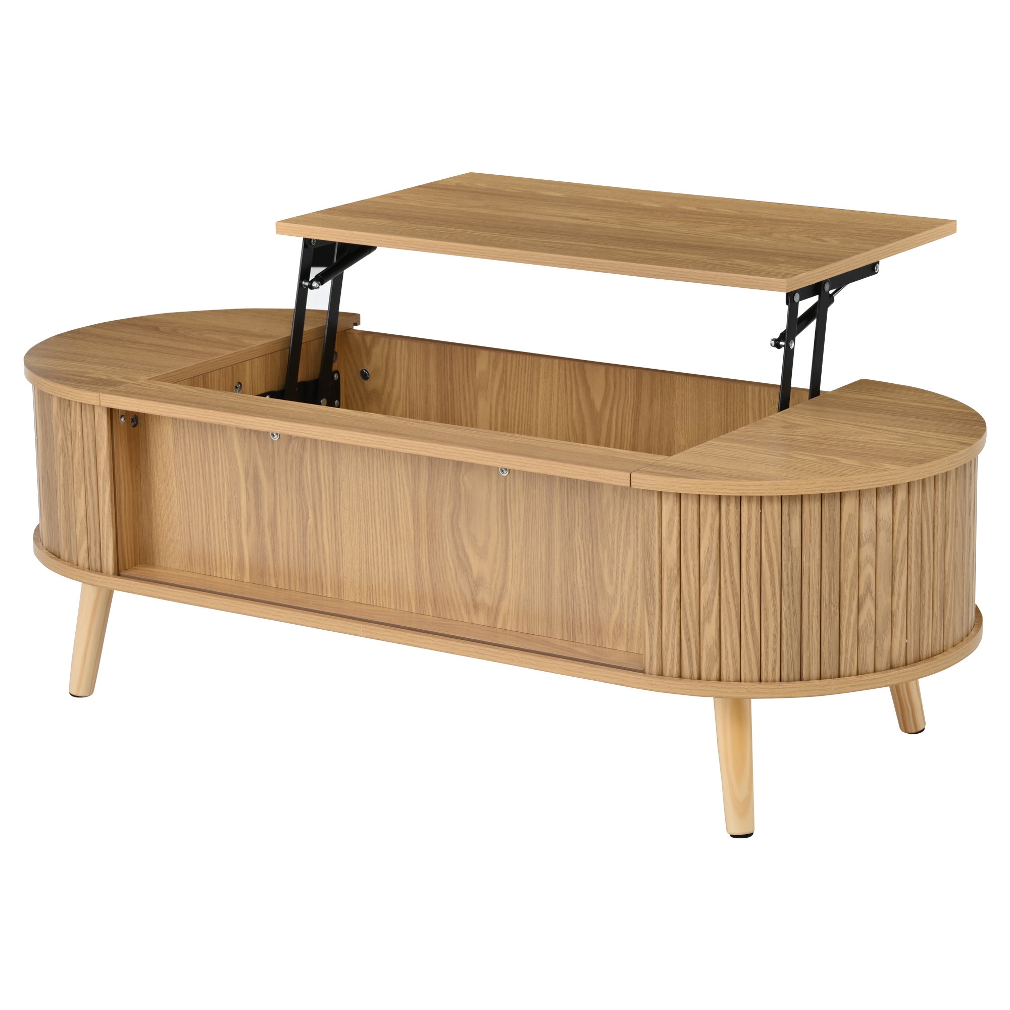 Table basse relevable 120x50x39.5 cm - 2 portes - Rangements cachés - Pieds en bois massif - Naturel - 8