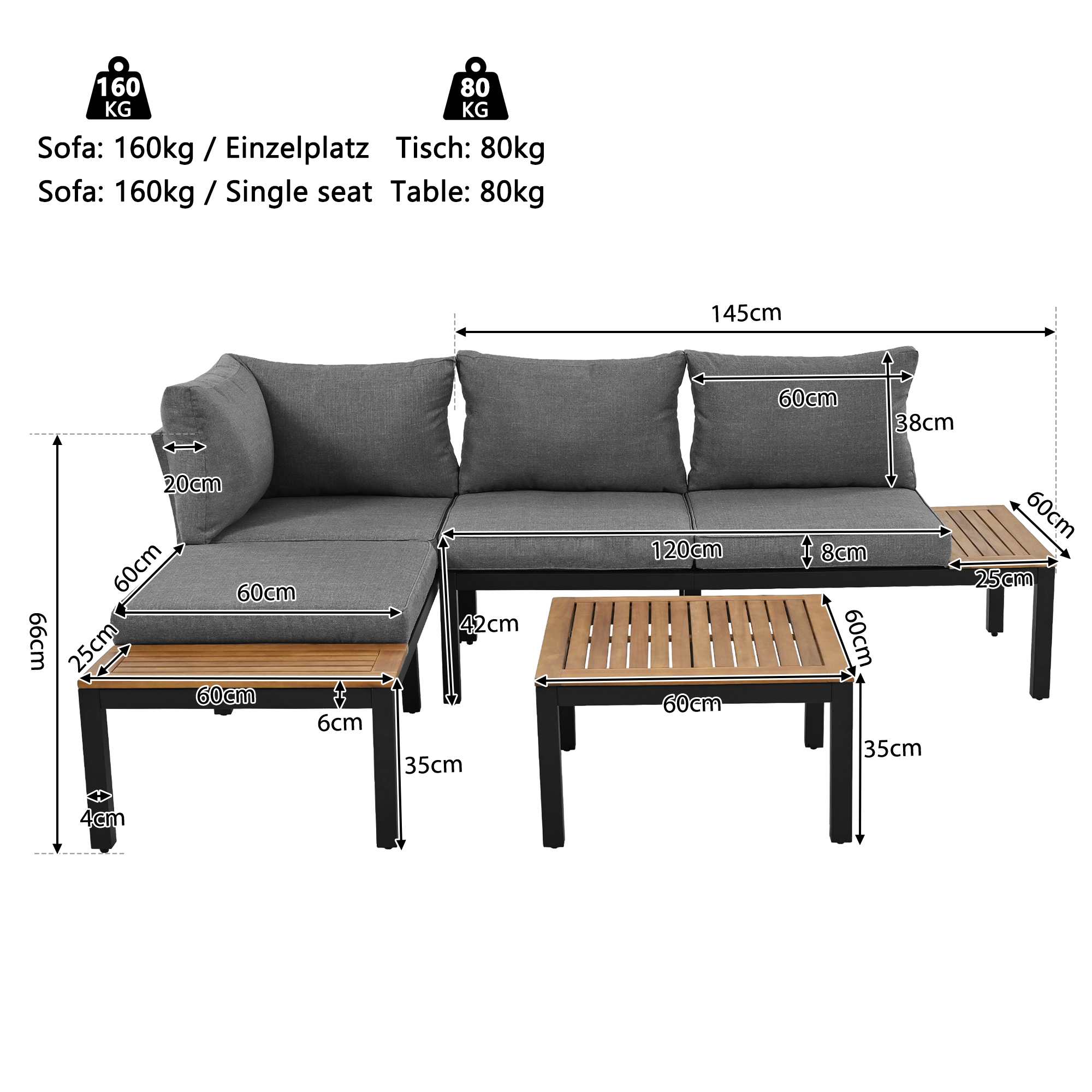 Ensemble Lounge de Jardin avec Structure en Acier Galvanisé, 2 Canapés 2 Places, 2 Tables Basses, 1 Table, Plateau en Bois d'Acacia - 3