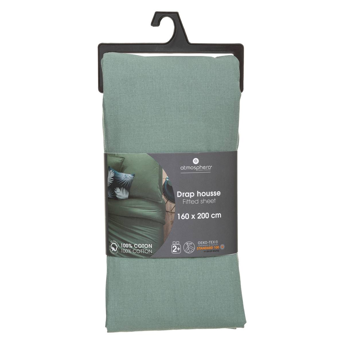 Drap-housse en coton - vert céladon - bonnet H30cm - 160x200 cm - Atmosphera créateur d'intérieur - 5