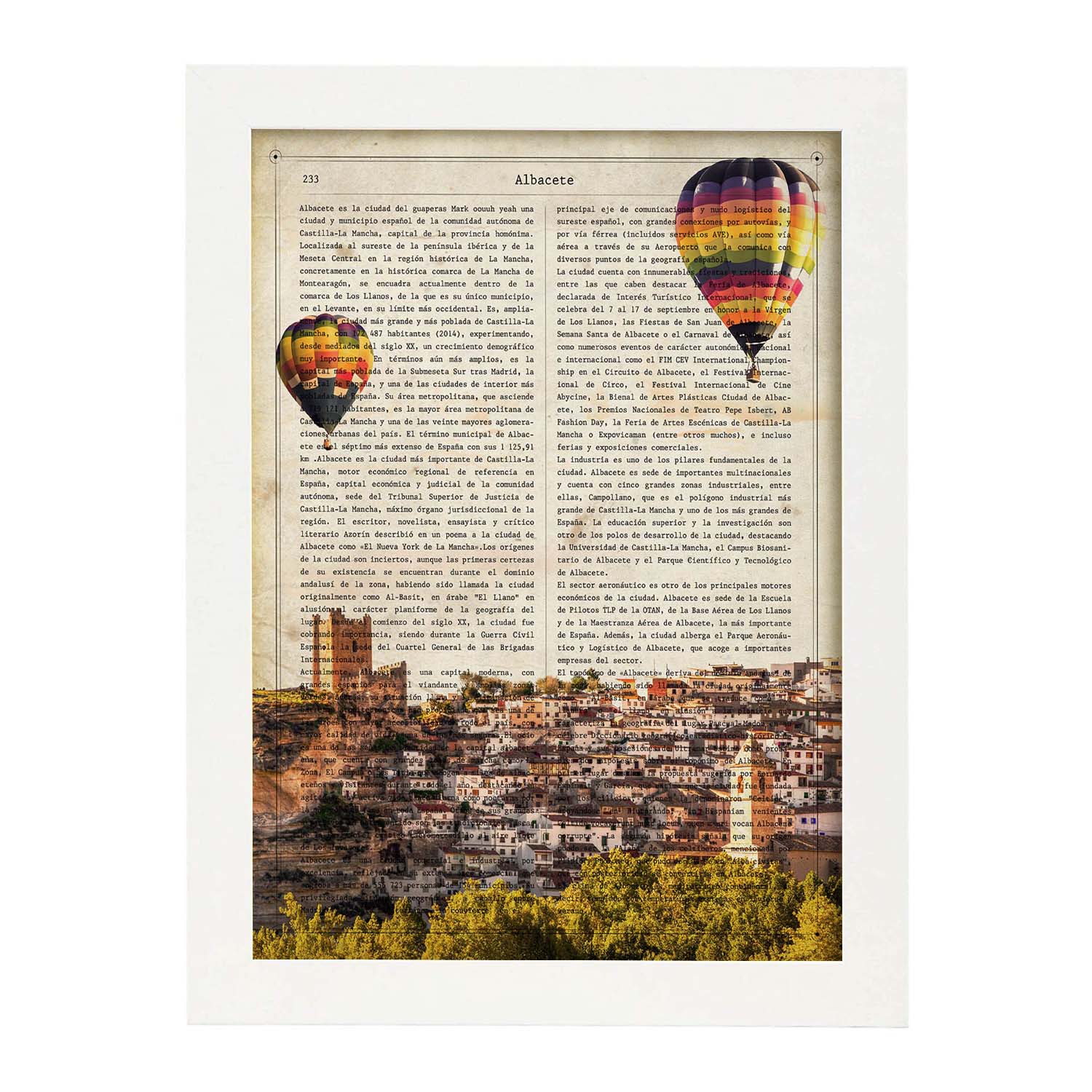 Lamina ciudad de albacete. estilo vintage. ilustracion, fotografia y collage con la historia de albacete. marco negro a3