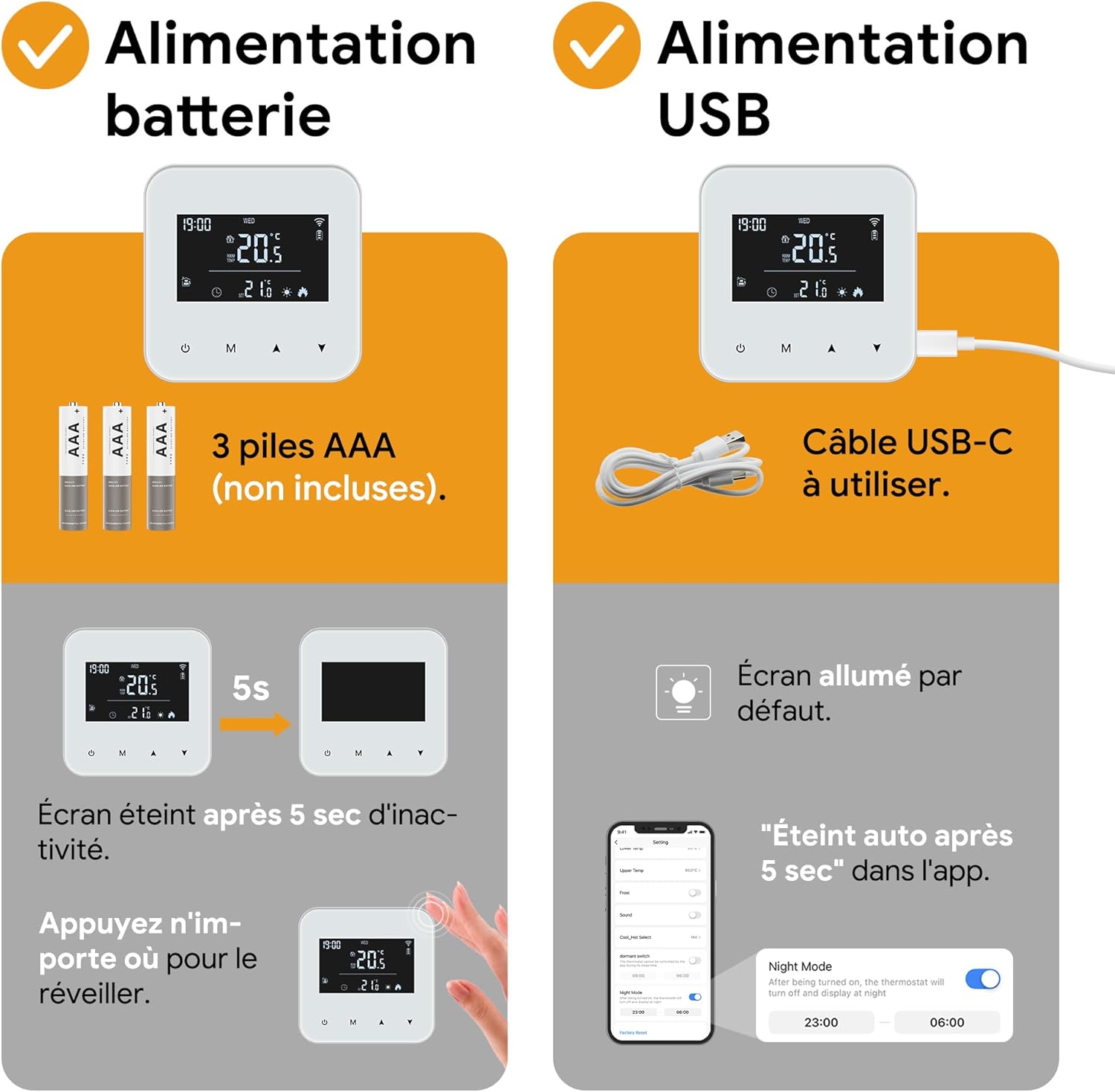 Thermostat Connecté A Pile, Thermostat Chaudiere Gaz 2 Fils, WiFi Intelligent, Programmation Quotidienne, 3XAAA Batterie Ou USB Alimenté,Compatible av - 5