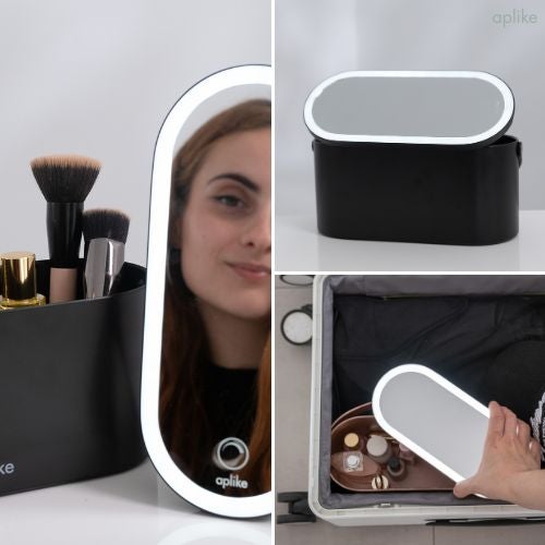 Organizzatore per il trucco con specchio a luce LED, interruttore on/off a sfioramento e temperatura di colore bianco BEVERLY (Nerosatinato). - 6