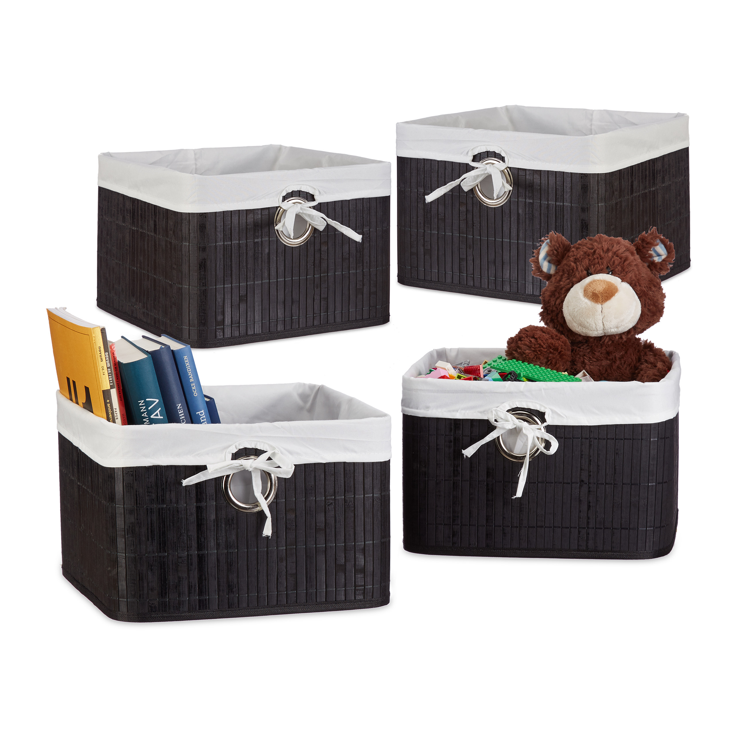 Set 4 Cestini Portaoggetti In Bambù 20x31x31cm | Fodera Tessuto | Per Bagno, Camera, Soggiorno | Naturale - Foto 9