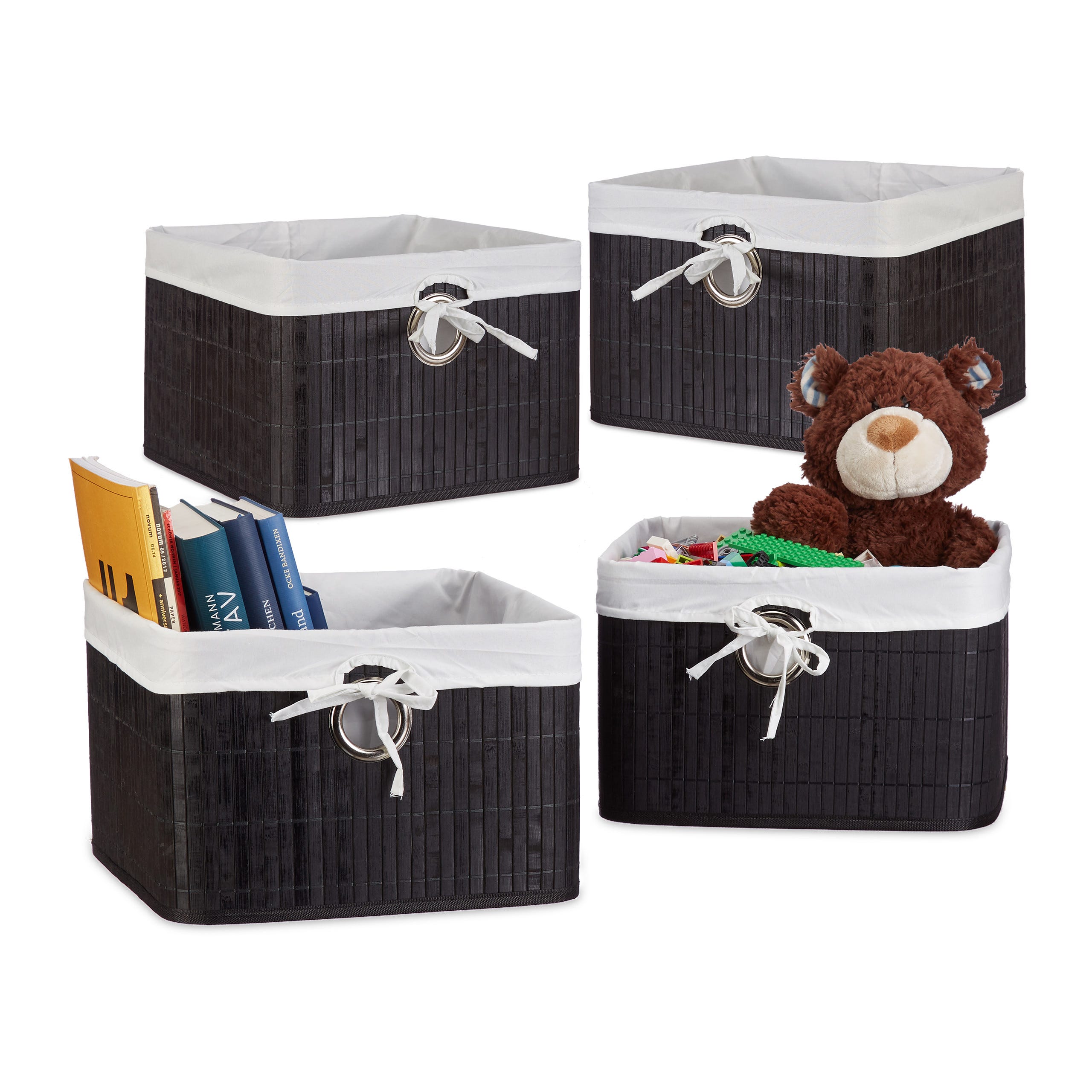 Set 4 Cestini Portaoggetti In Bambù 20x31x31cm | Fodera Tessuto | Per Bagno, Camera, Soggiorno | Naturale - Foto 9