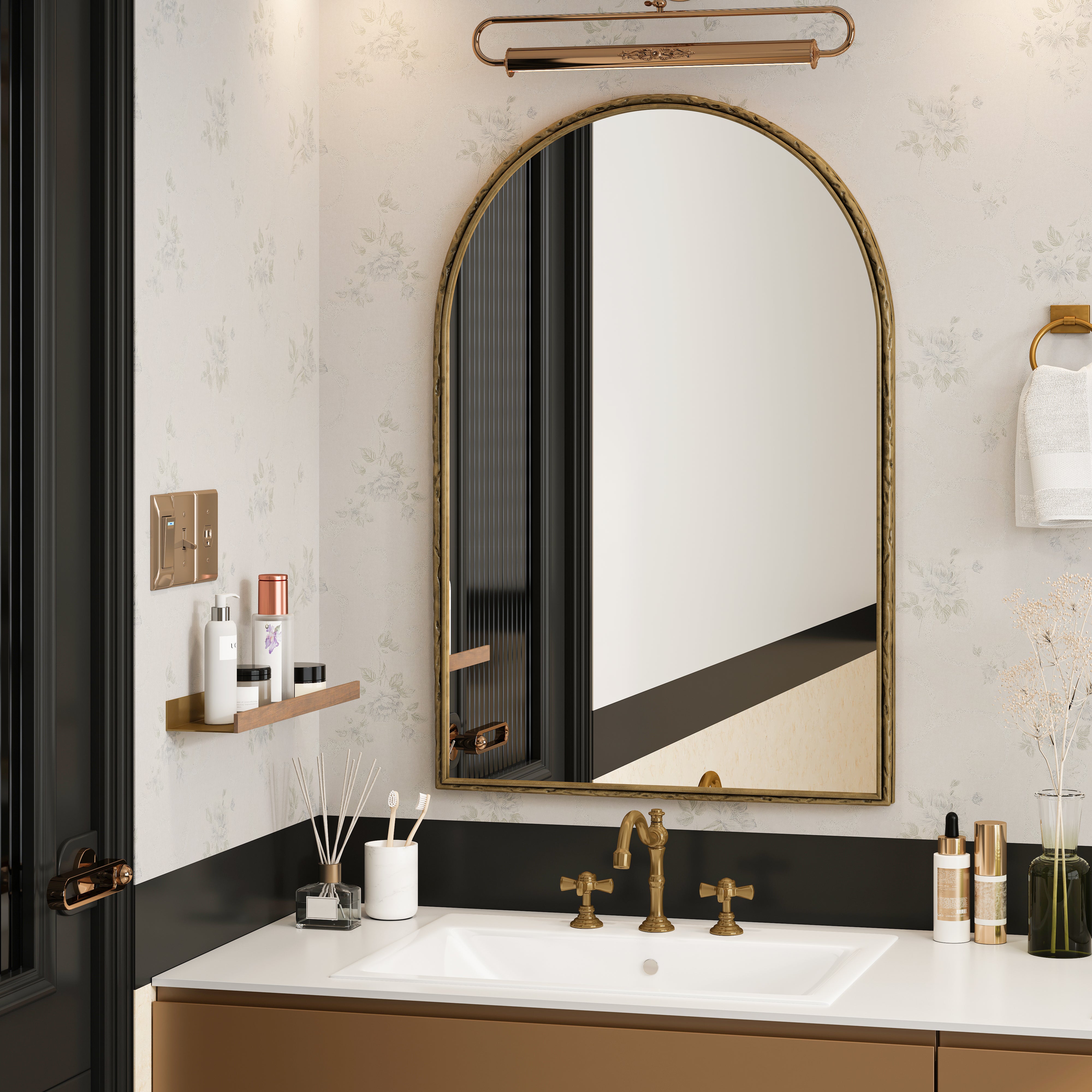 Miroir mural arqué, à suspendre ou à poser, verre trempé, cadre en fer doré - 7
