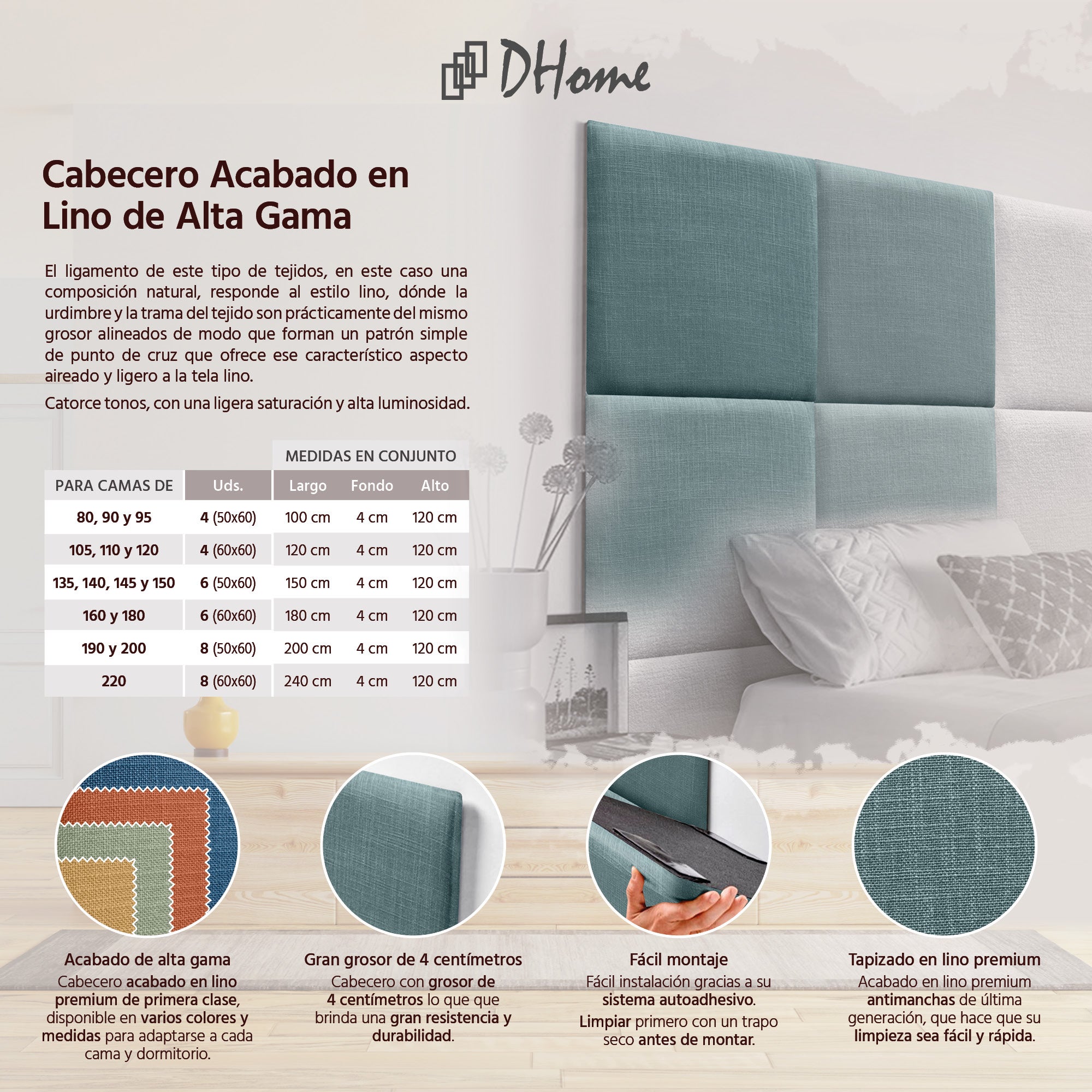 DHOME Cabecero Tapizado de Lino Natural Compuesto de Paneles Autoadhesivos Intercambiables Lujo Dormitorio Acolchado (Turquesa,135cm) - 2