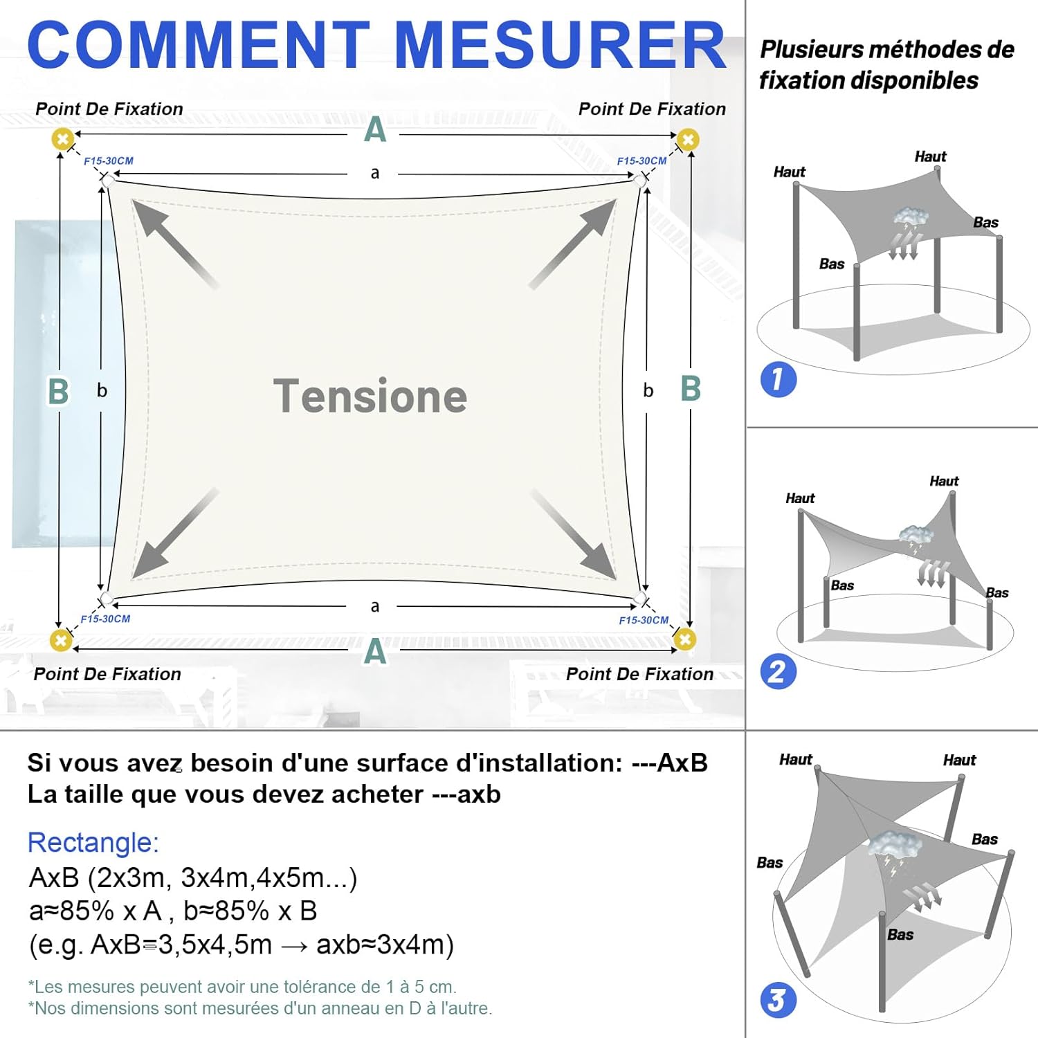 Toldo rectangular impermeable de 3x4 m, tela de sombra PES color crema con 95% de protección UV para patio y jardín. - 5