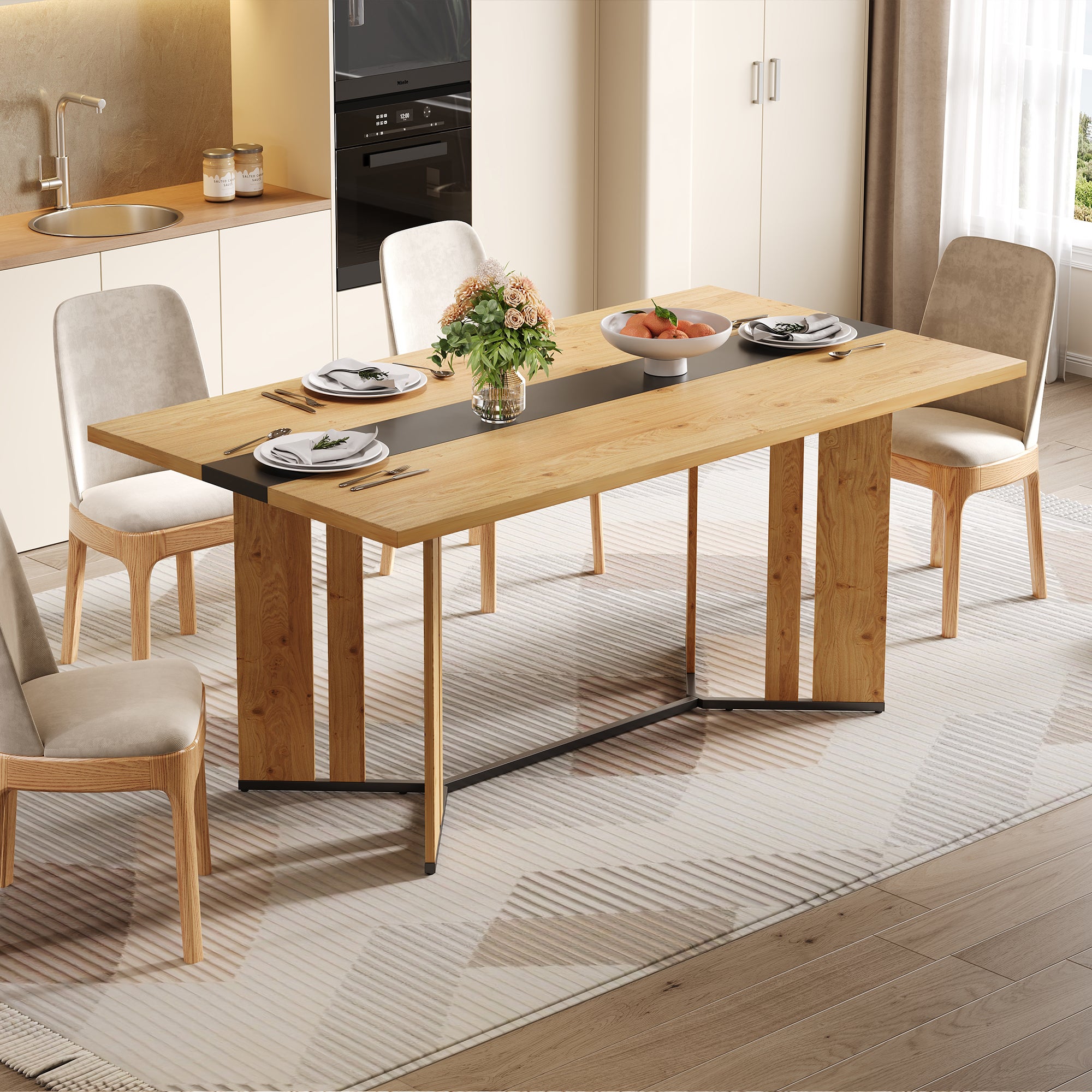 Mesa de comedor estilo escandinavo, 150 x 80 cm, efecto roble, tablero de 2,8 cm de grosor, patas de metal negro, mdf, natural y negro.