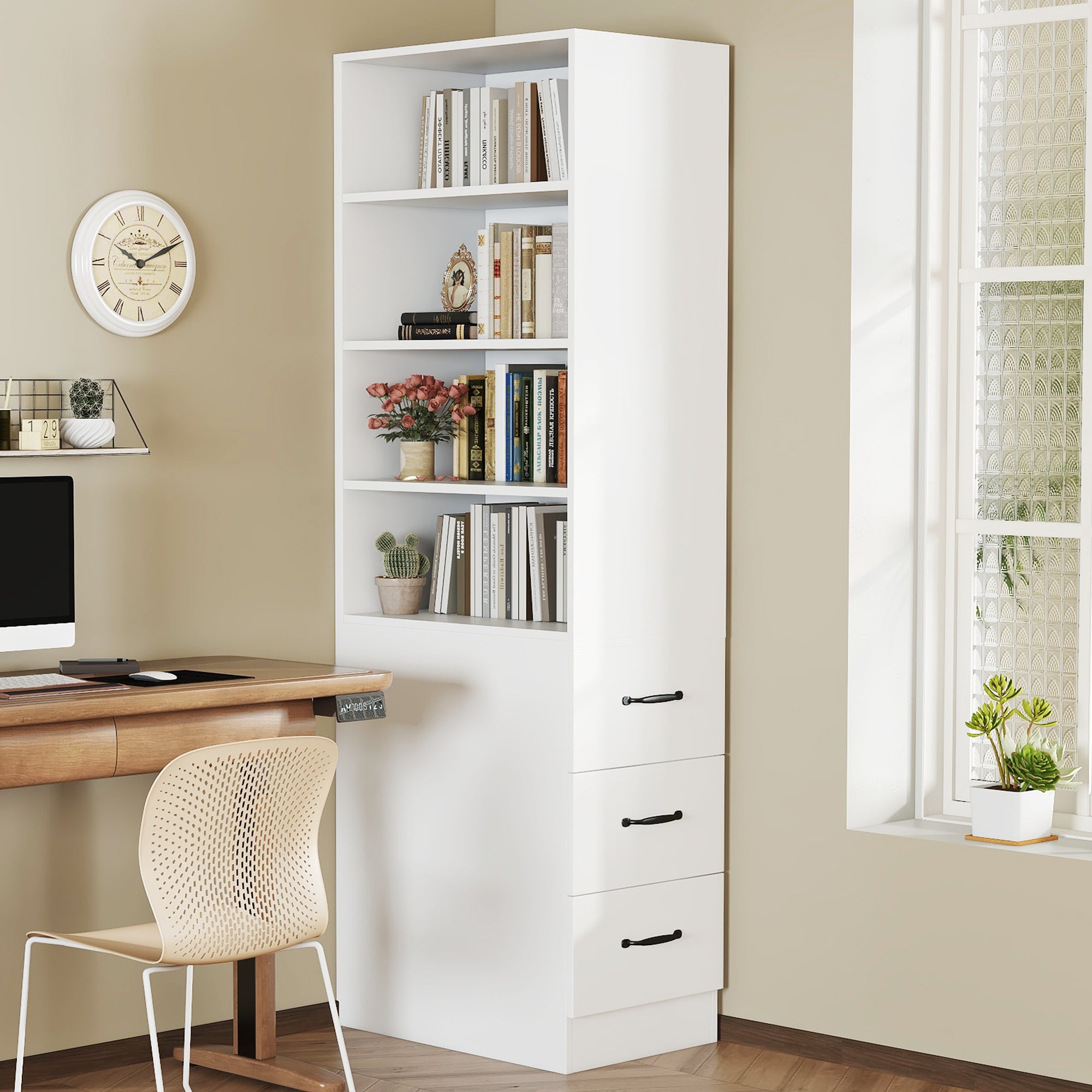 Estante extra estreita com 3 gavetas e 4 prateleiras ajustáveis - 60 x 38 x 180 cm - Aglomerado - Branco - 2