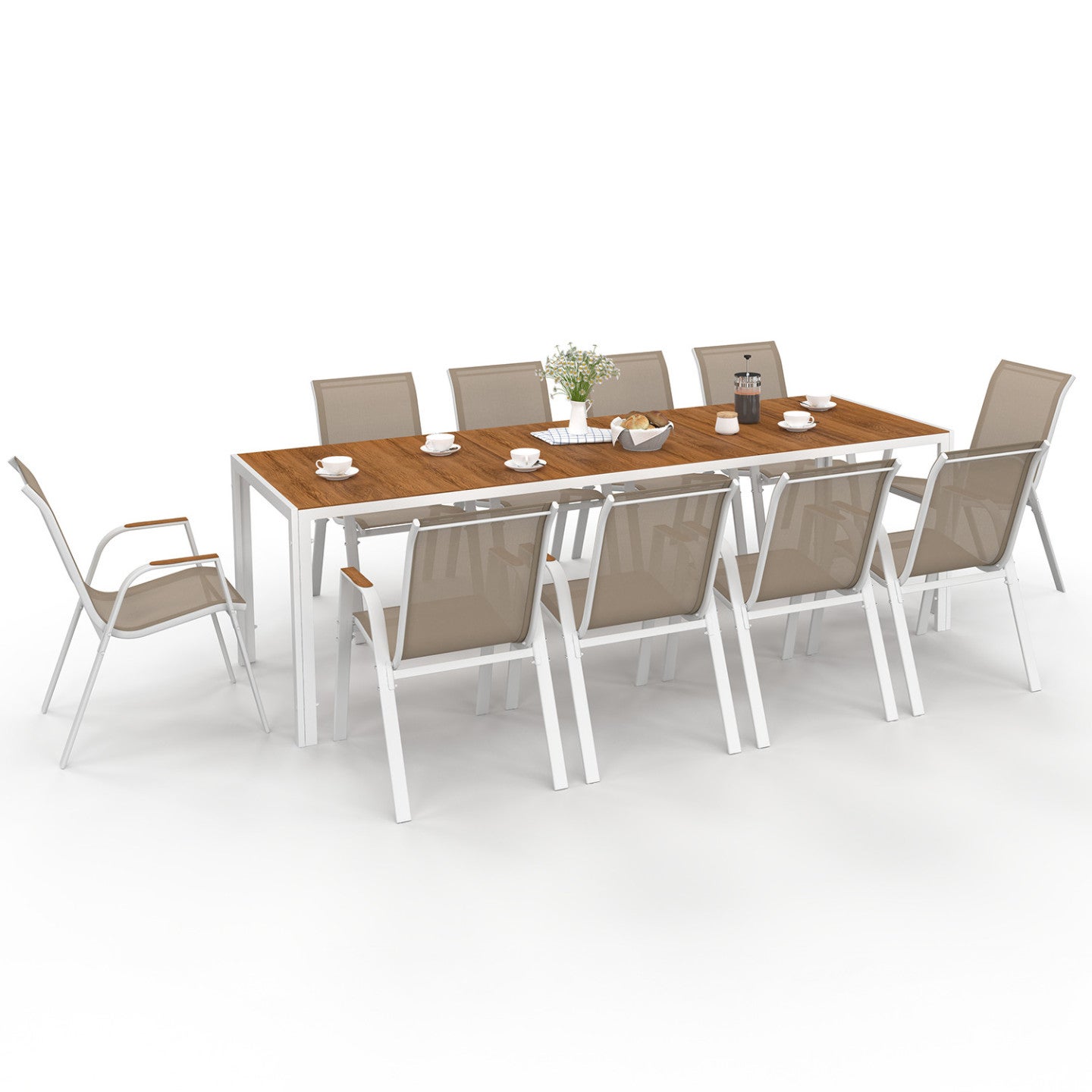 Salon de jardin NOUMEA table 240 cm plateau verre trempé effet bois et 10 chaises empilables blanc et bois - 2