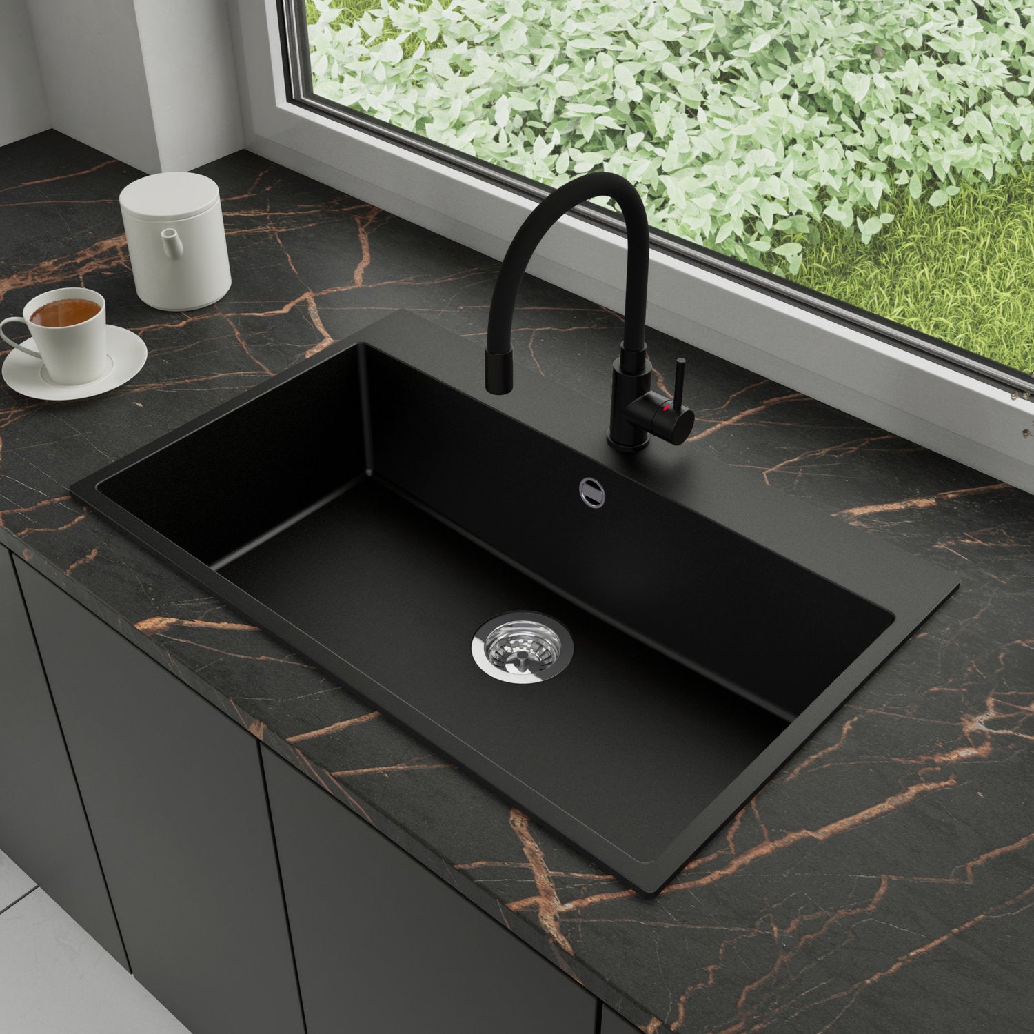 Zlewozmywak Granitowy 78x50cm, do szafki od 80cm + Bateria + Syfon - Amber Czarny STONESTYLE