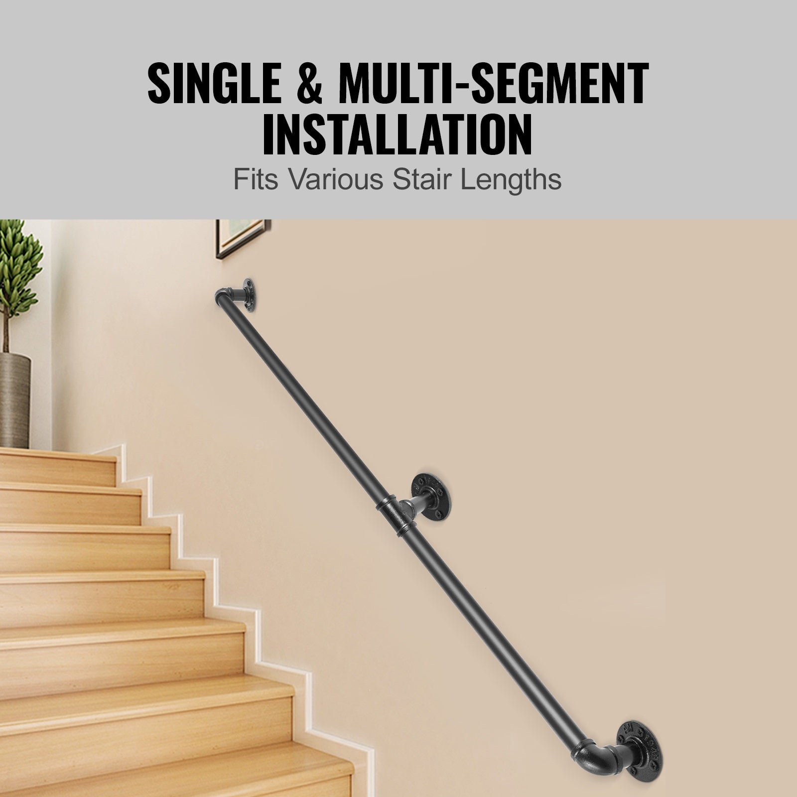 Rampe Escalier Murale VEVOR 1,8 m Main Courante Acier Carbone Garde-Corps Métal Capacité Charge 200 kg/Tube Rambarde 2 Tubes 32 mm 3 Supports Muraux - 4