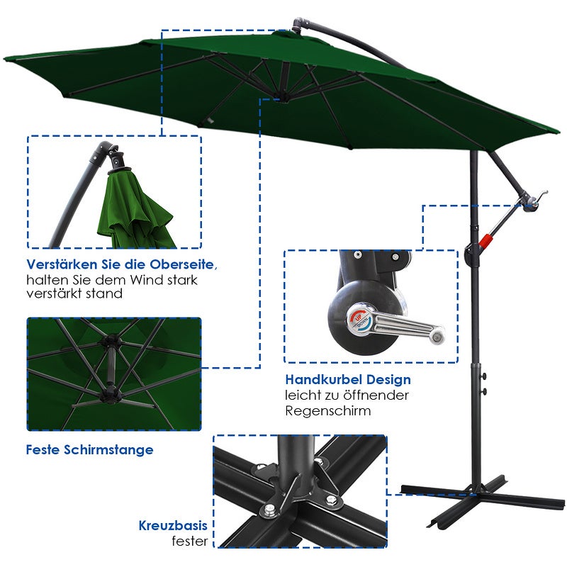 Parapluie 3m Parasol alu pivotant Parasol jardin terrasse balcon vert - 3