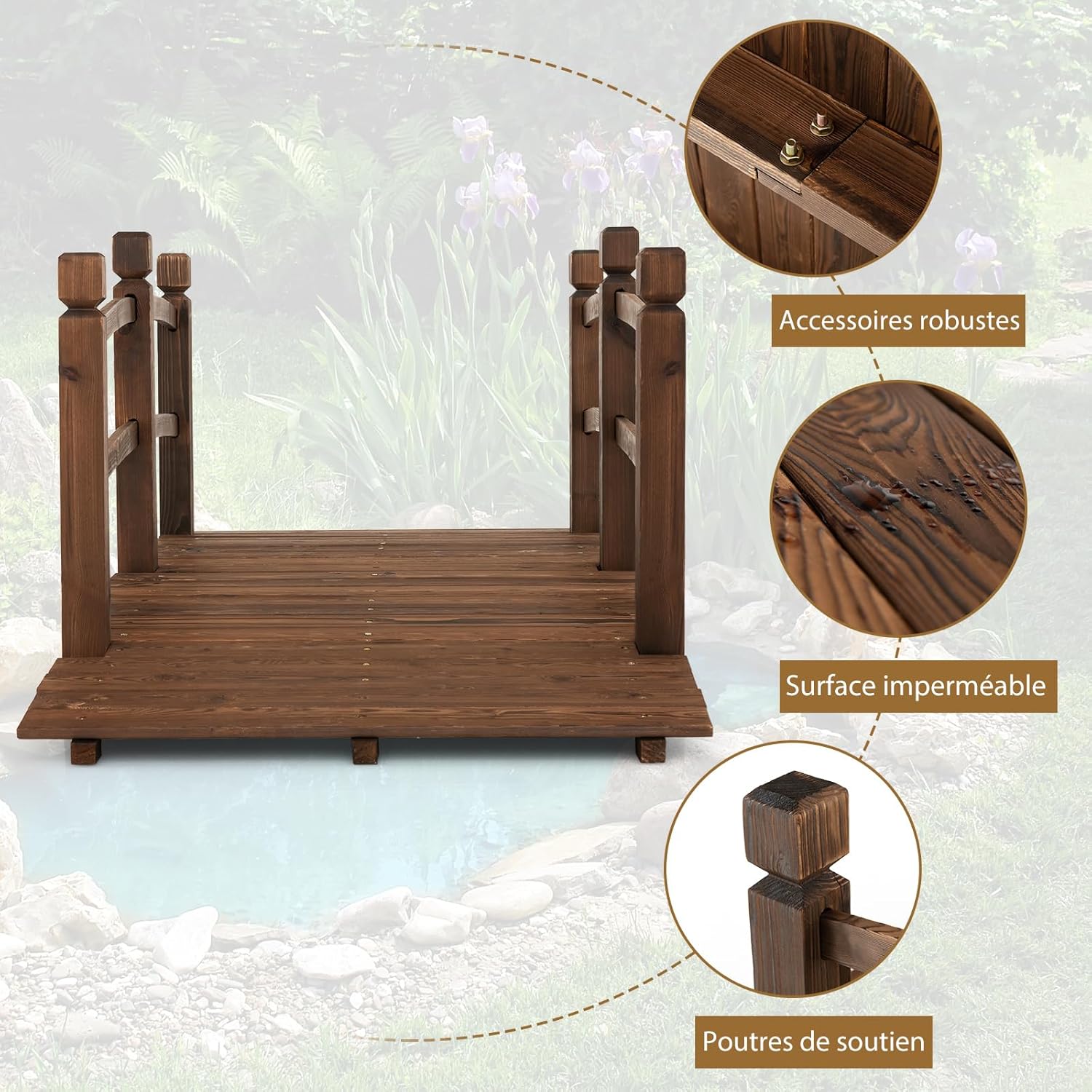 Pont de Jardin en Bois de Sapin, avec Balustrade et Fond Renforcé, Pont Décoratif Carbonisé Résistant aux Intempéries - 7